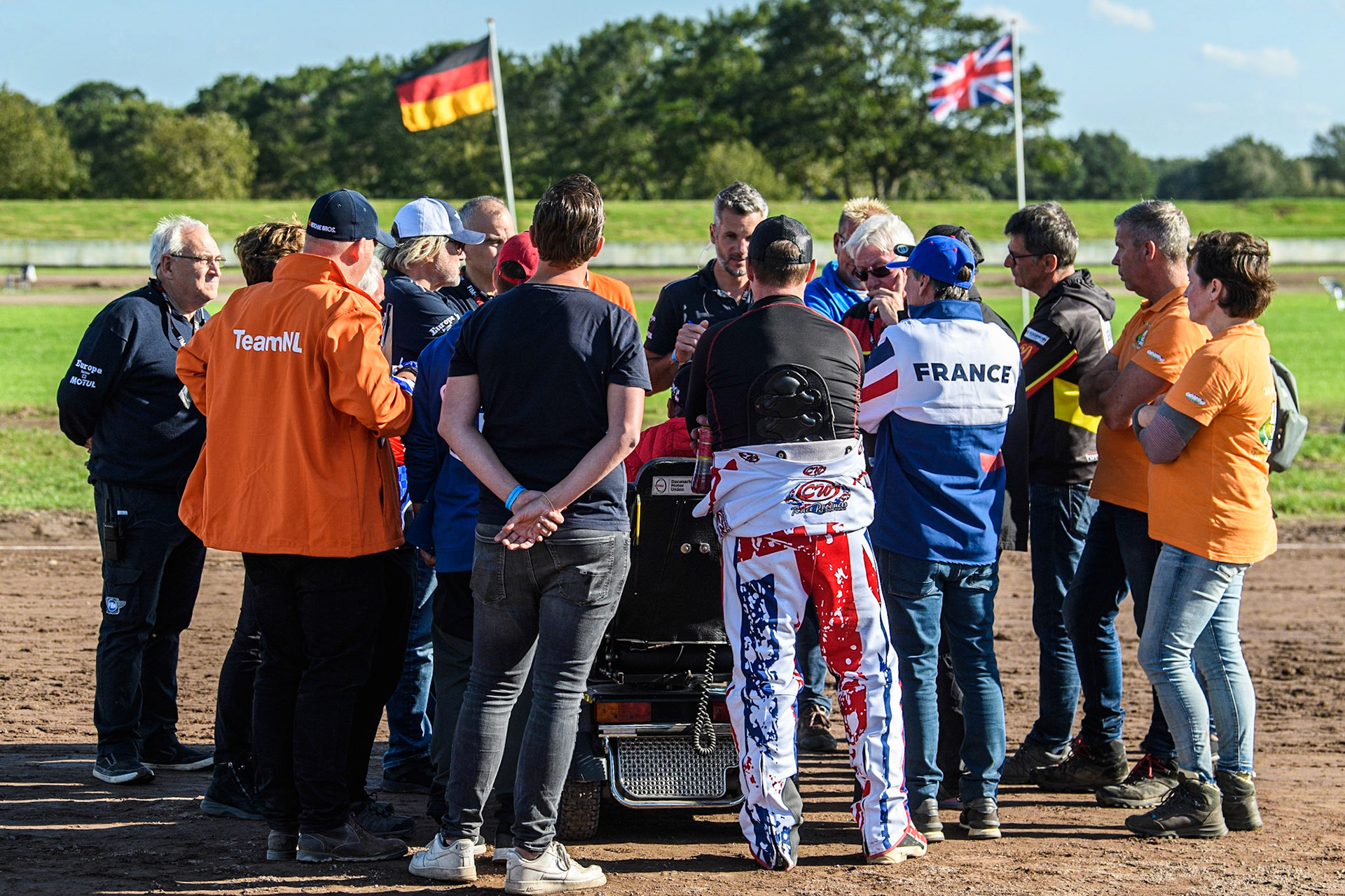 On track meeting with officials to delay the start time to 4pm during the FIM Long Track Of Nations event at the Speed Centre Roden on Sunday 24th September 2023. (Photo: Ian Charles | MI News)