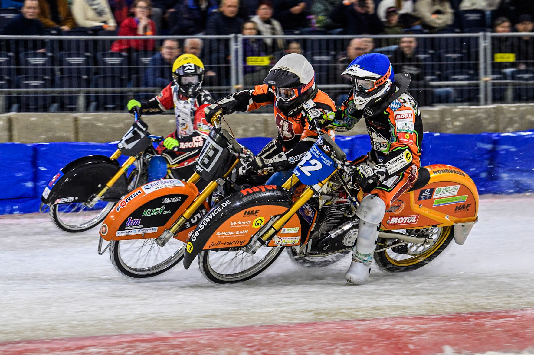 Germany's Markus Jell (82) in Blue rides inside Reserve Czech Republic's Lukáš Hutla (18) in White and Reserve  Sweden's Filip Jäger (17) in Yellow during the FIM Ice Speedway Gladiators World Championship Final 3 at Ice Rink Thialf, Heerenveen on Saturday 6th April 2024. (Photo: Ian Charles | MI News)