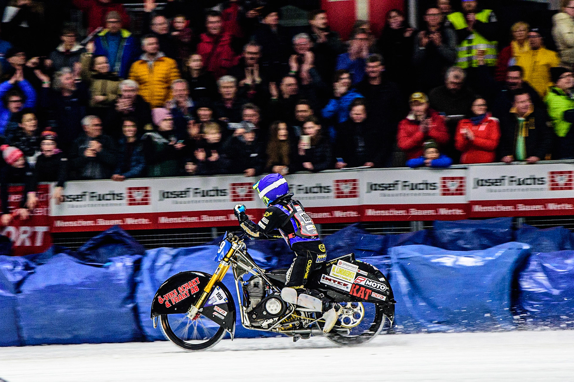 Martin Haarahiltunen (199) Celebrates winning the Meeting during the Ice Speedway Gladiators World Championship Final 1 at Max-Aicher-Arena, Inzell, Germany on Saturday 18th March 2023. (Photo: Ian Charles | MI News)