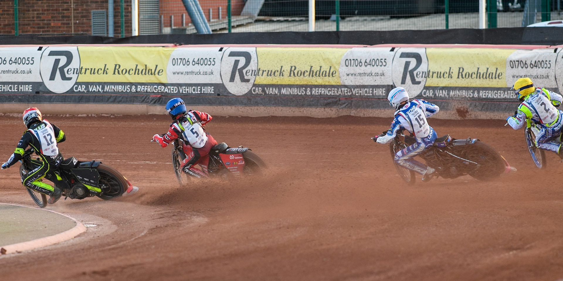 Adam Ellis in Red rides inside Dan Thompson in Blue Anders Rowe in White and Chris Harris in Yellow during the Attis Insurance Sports Division British Final at the National Speedway Stadium, Manchester on Monday 12th May 2025. (Photo: Ian Charles | MI News)