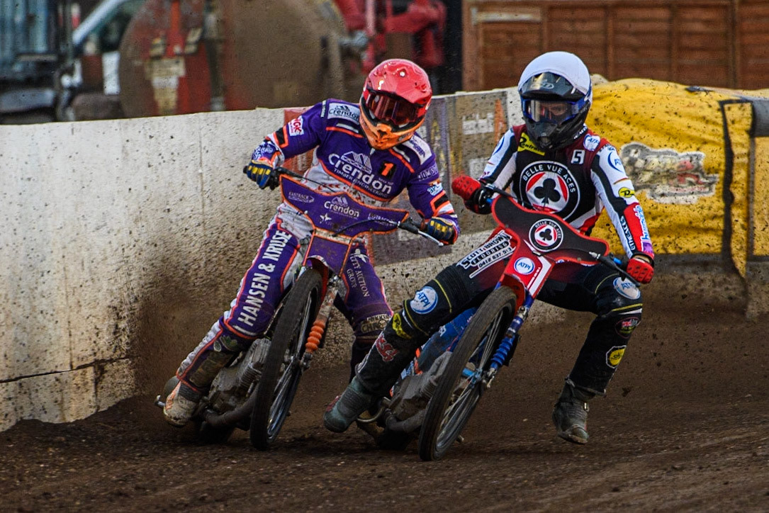Brady Kurtz (White) forces his way past Niels-Kristian Iversen (Red) during the Sports Insure Premiership match between Peterborough and Belle Vue Aces at East of England Showground, Peterborough on Monday 26th June 2023. (Photo: Ian Charles | MI News)