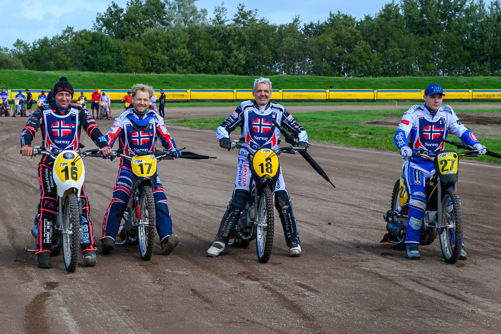 Team Norway: (L to R) Glenn Moi (16), Truis Kamhaug (17), Robert Langeland (18) and Magnus Clipper (27) during the FIM Long Track of Nations 2026 at the Speed Centre Roden in the Netherlands on Sunday 20th September 2026. (Photo: Ian Charles | MI News)