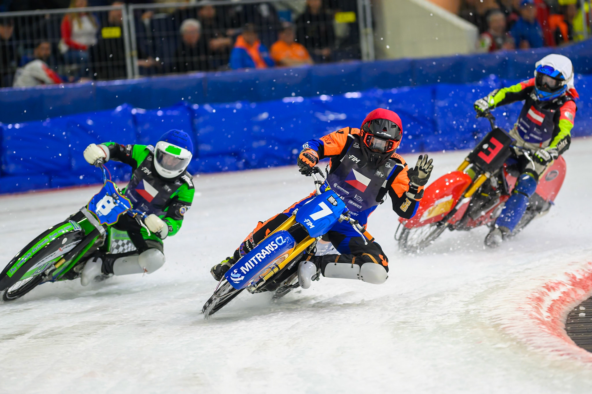 Lukáš Hutla (7) of Czechia in Red leading Andrej Diviš (8) of Czechia  in Blue and Harald Simon (3) of Austria   in White in the re-run of heat 8 as the heat is stopped due to a false start during the FIM Ice Speedway Of Nations at Ice Rink Thialf, Heerenveen on Sunday 12th April 2026. (Photo: Ian Charles | MI News)