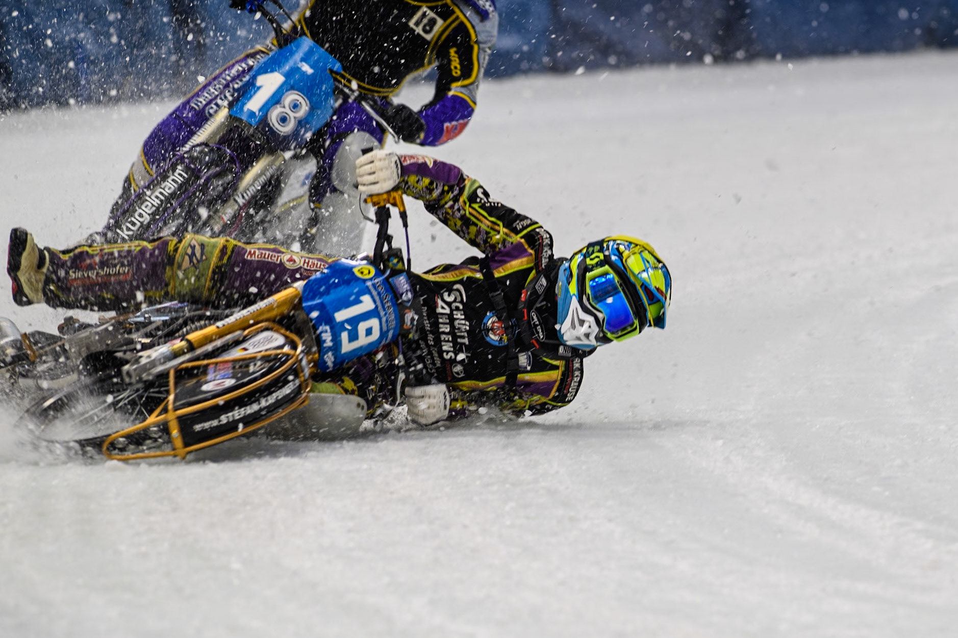 German Reserve Maximillian Neidermaier (19) gets into difficulty in front of Germany's Christoph Kirchner (18) during the FIM Ice Speedway Gladiators World Championship Final 2 at the Max-Aicher-Arena, Inzell on Sunday 24 March 2024. (Photo: Ian Charles | MI News)
