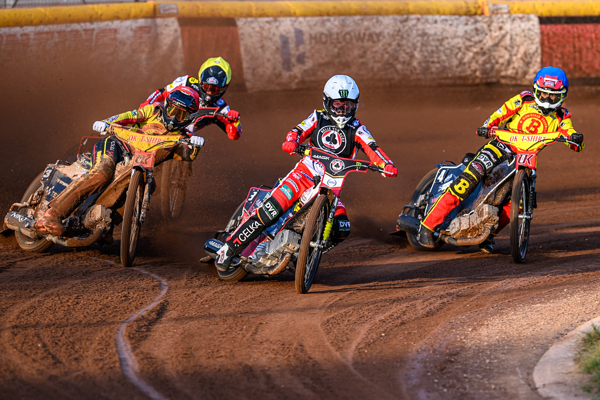 Belle Vue Aces' Jaimon Lidsey in White leading Birmingham Brummies' Tobiasz Musielak in Red, Birmingham Brummies' Keynan Rew in Blue and Belle Vue Aces' Zach Cook in Yellow during the Rowe Motor Oil Premiership match between Birmingham Brummies and Belle Vue Aces at Perry Bar Stadium, Birmingham on Monday 2nd June 2025. (Photo: Ian Charles | MI News)