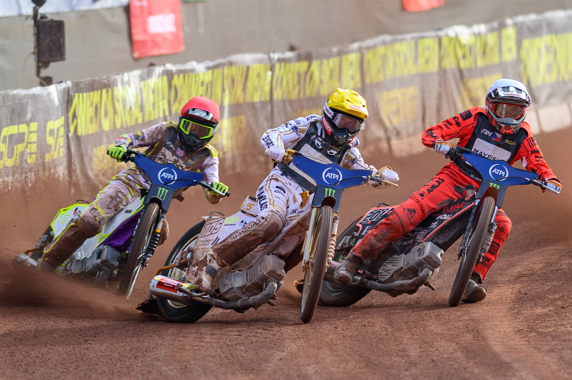 Anders Thomsen (105) of Denmark in Yellow leading Jan Kvech (201) of Czech Republic in White and Wild Card Tom Brennan (16) of Great Britain in Red during the ATPI  FIM Speedway GP of Manchester at the National Speedway Stadium, Manchester on Friday 5th June 2026. (Photo: Ian Charles | MI News)