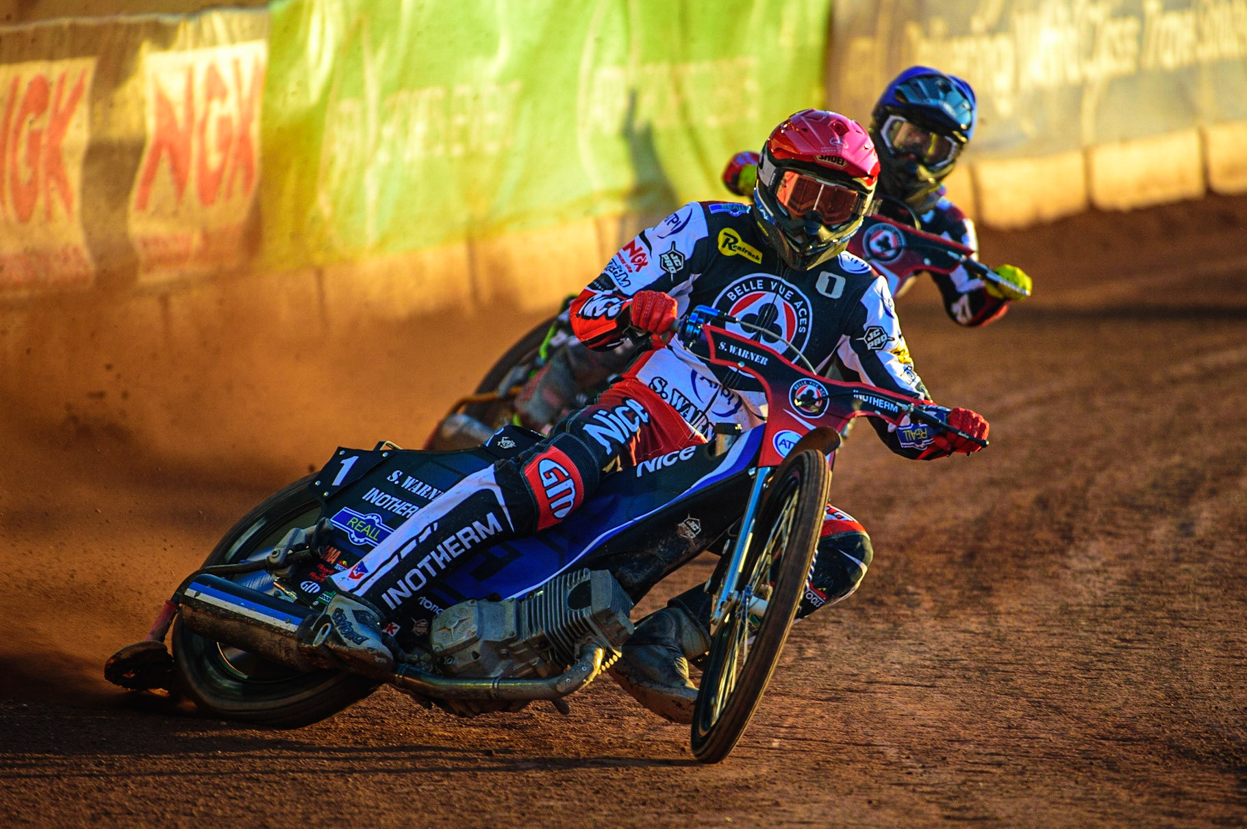 Matej Zagar  (Red) leads team mate Tom Brennan  (Blue)  during the SGB Premiership match between Belle Vue Aces and Ipswich Witches at the National Speedway Stadium, Manchester on Monday 8th August 2022. (Credit: Ian Charles | MI News)