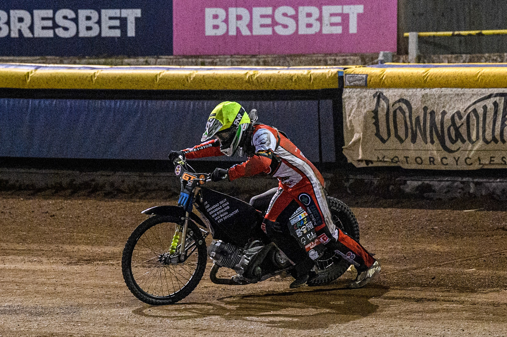 Belle Vue Colts' Billy Budd pushes his bike from the track during heat 12 after his fall during the WSRA National Development League match between Steelers and Belle Vue Colts at Owlerton Stadium, Sheffield on Monday 5th May 2025. (Photo: Ian Charles | MI News)