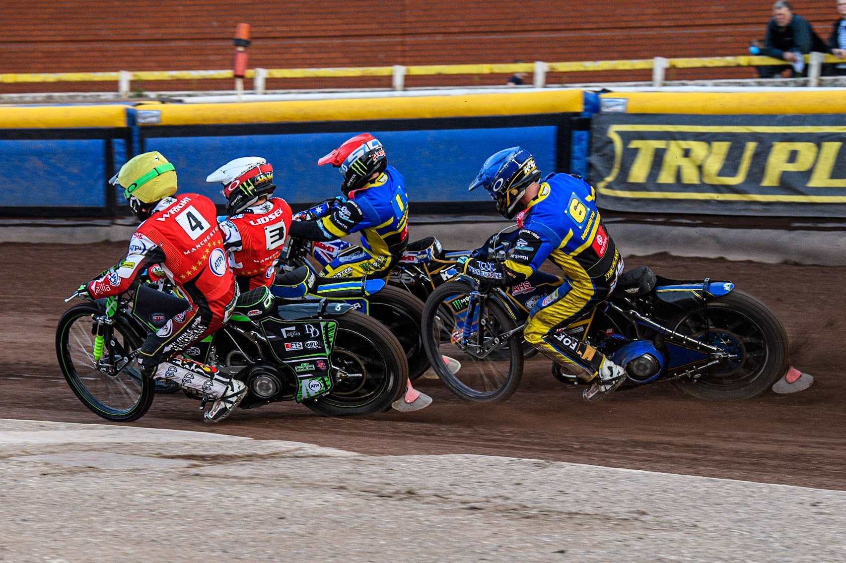 Charles Wright (Yellow) and Jaimon Lidsey (White) inside Kyle Howarth (Blue) and Jack Holder (Red) during the Sports Insure Premiership match between Sheffield Tigers and Belle Vue Aces at Owlerton Stadium, Sheffield on Thursday 20th July 2023. (Photo: Ian Charles | MI News)