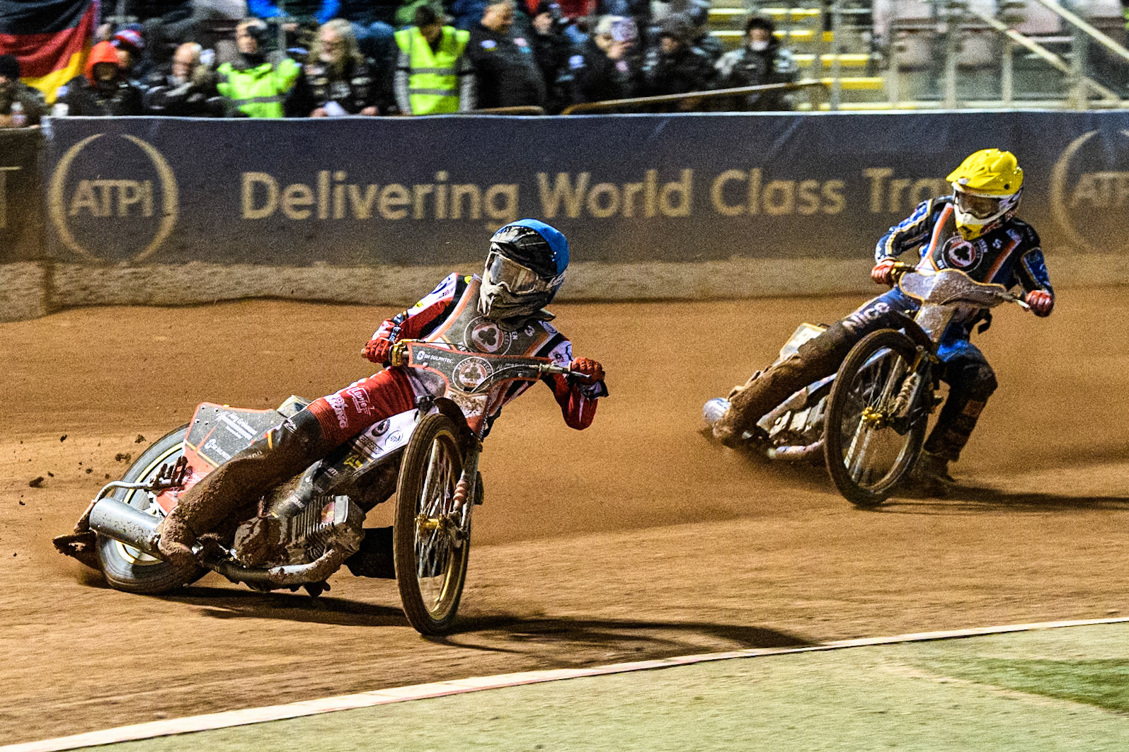 Norick Blodorn in Blue leading Robert Lambert in Yellow during the Peter Craven Memorial Trophy at the National Speedway Stadium, Manchester on Monday 17th March 2025. (Photo: Ian Charles | MI News)