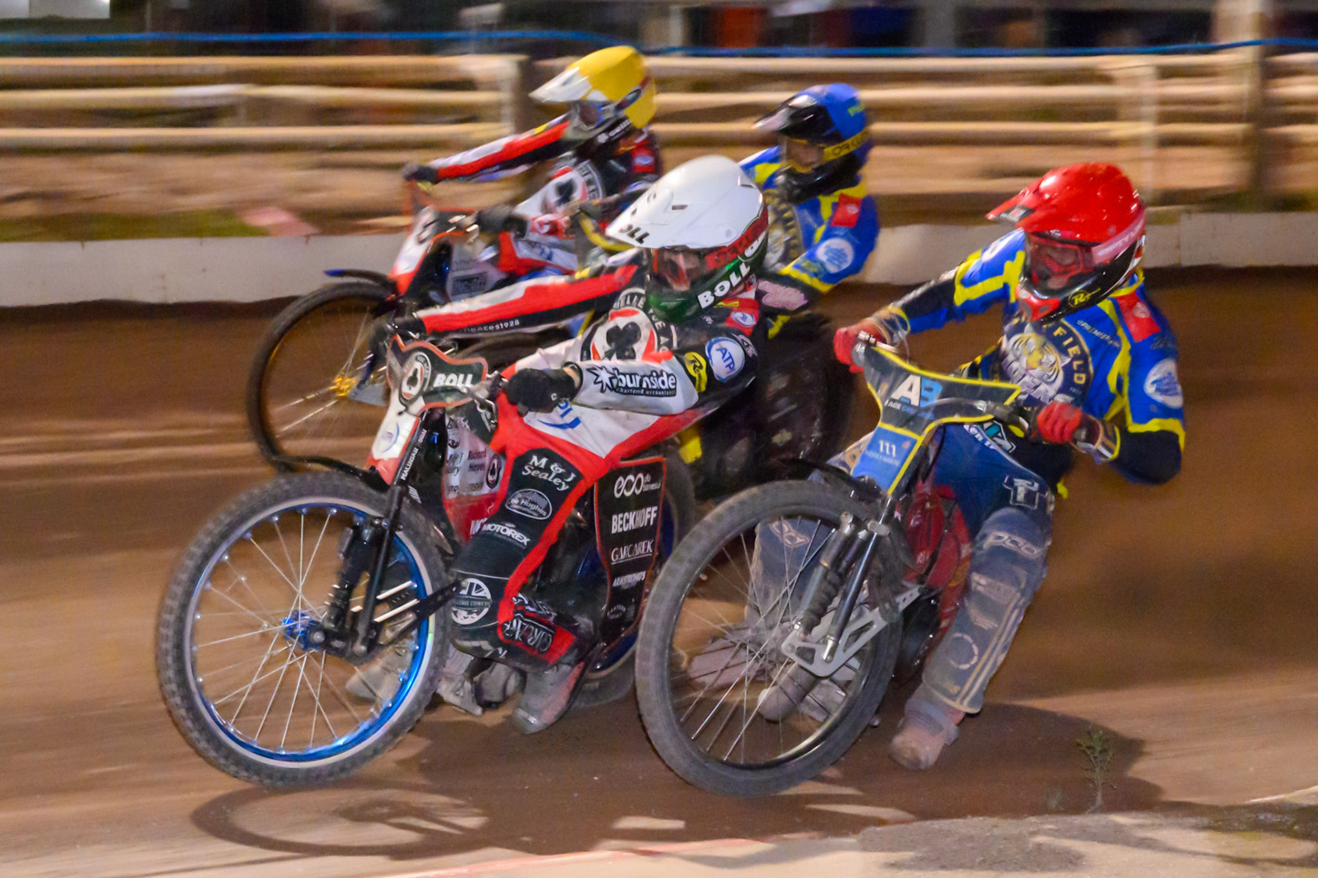Brady Kurtz of Belle Vue Aces in White leading Max Fricke, Guest Rider for Sheffield Tigers  in Red , Josh Pickering of Sheffield Tigers in Blue  and Jason Doyle of Belle Vue Aces in Yellow during the Rowe Motor Oil Premiership match between Sheffield Tigers and Belle Vue Aces at Owlerton Stadium, Sheffield on Monday 31st August 2026. (Photo: Ian Charles | MI News)