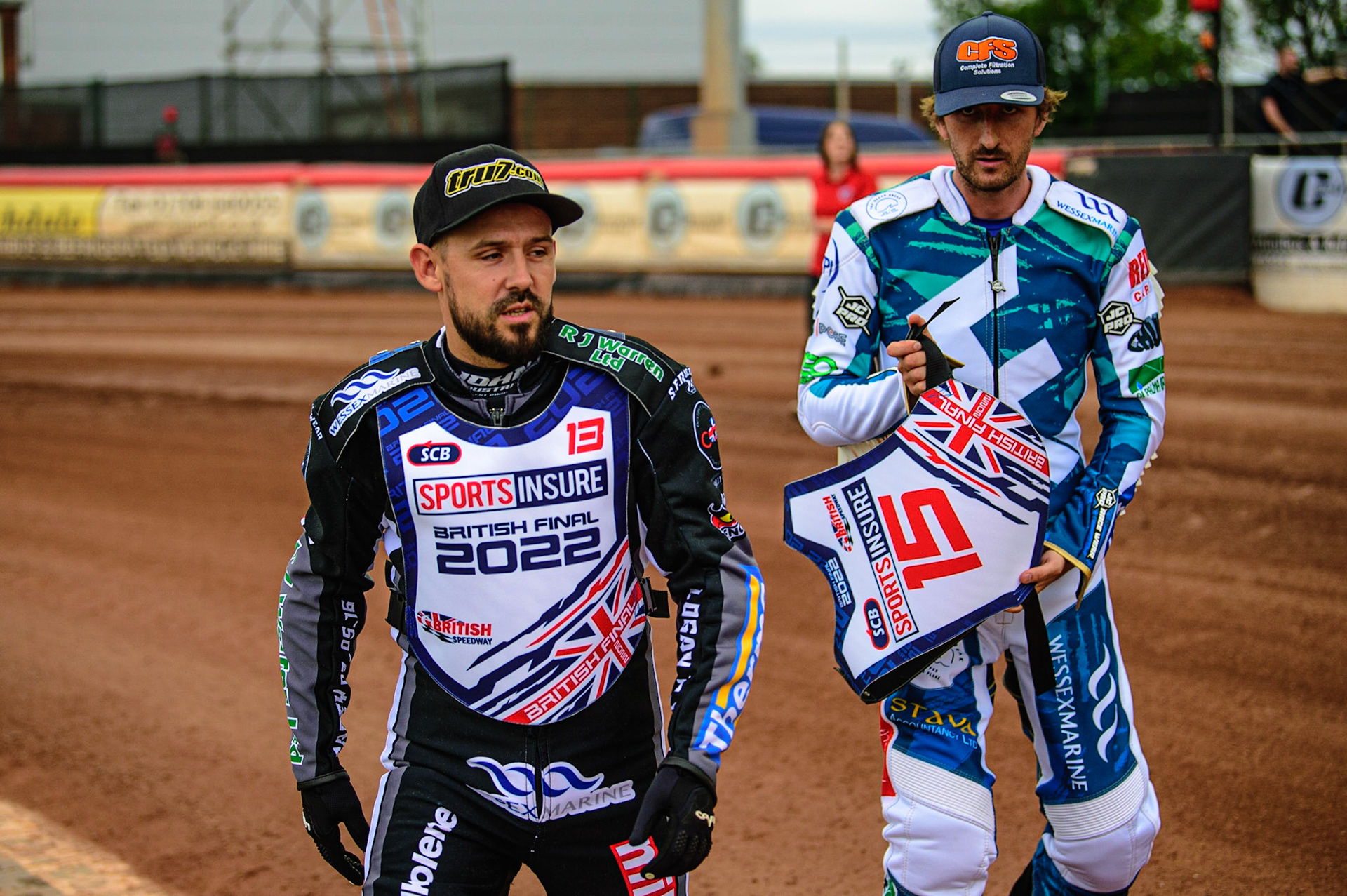 Danny King  (left) and Adam Ellis during the Sports Insure British Speedway Championship Final at the National Speedway Stadium, Bellevue, Manchester, England on Monday 1st August 2022. (Photo by: Ian Charles | MI News)