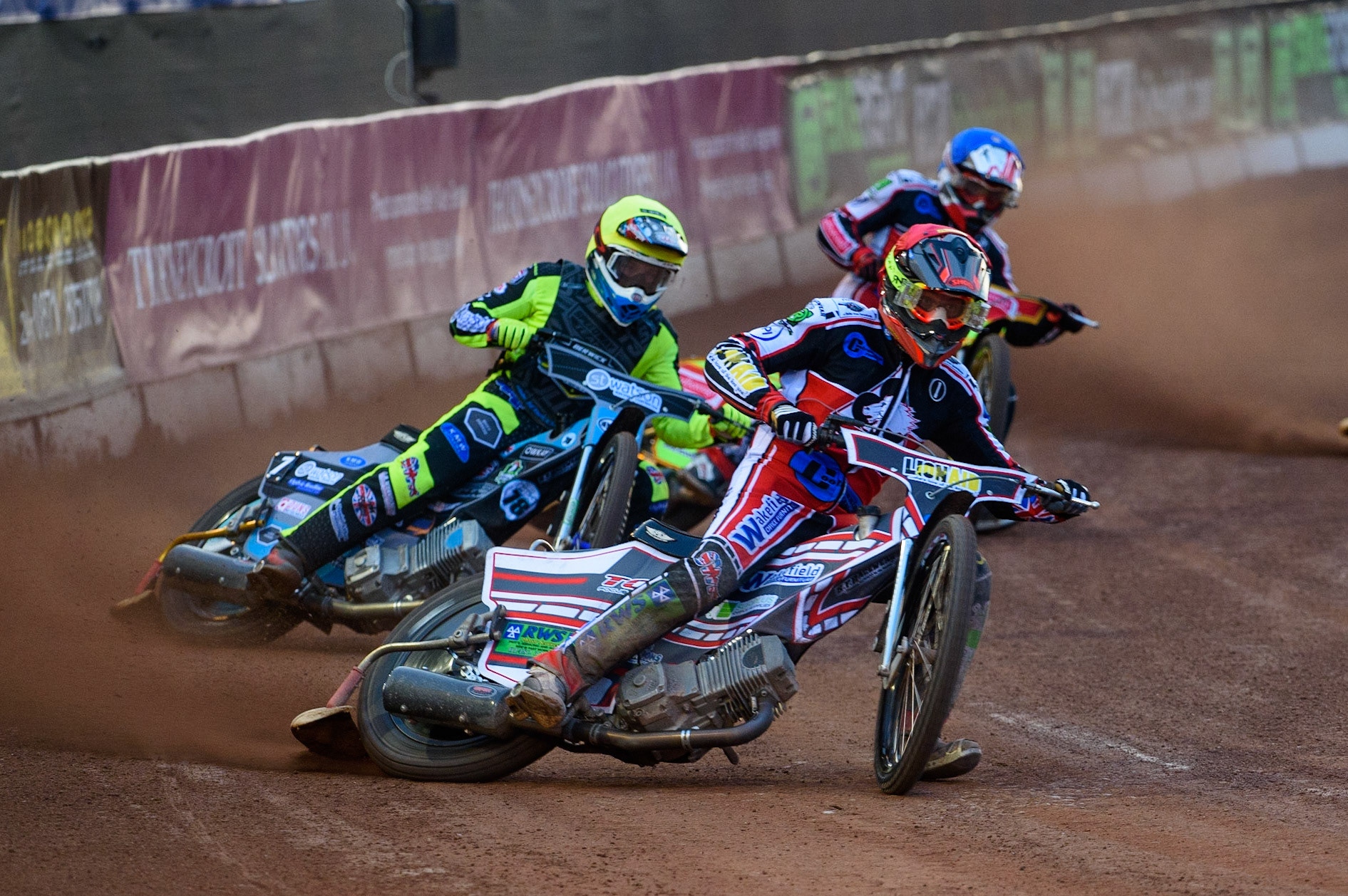 MANCHESTER, UK. MAY 28TH  Jack Parkinson-Blackburn  (Red) leads Mason Watson  (Yellow) and Ben Woodhull  (Blue) during the SGB National Development League match between Belle Vue Colts and Berwick Bullets at the National Speedway Stadium, Manchester on Friday 28th May 2021. (Credit: Ian Charles | MI News)