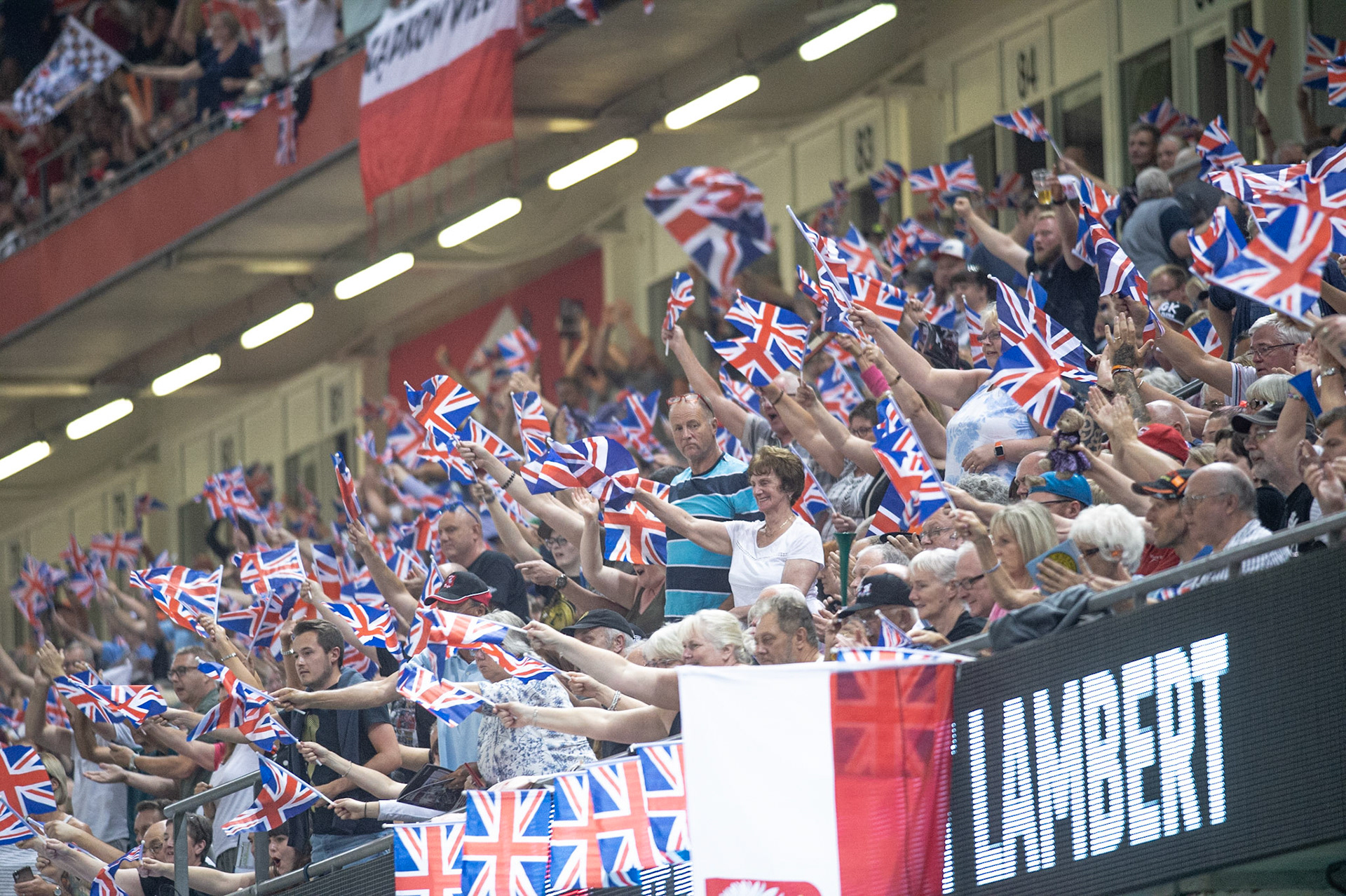 CARDIFF,WALES British fans celebrating Robert Lamberts win in heat 9  during the ADRIAN FLUX BRITISH FIM SPEEDWAY GRAND PRIX at the Principality Stadium, Cardiff on Saturday 21st September 2019. (Credit: Ian Charles | MI News)