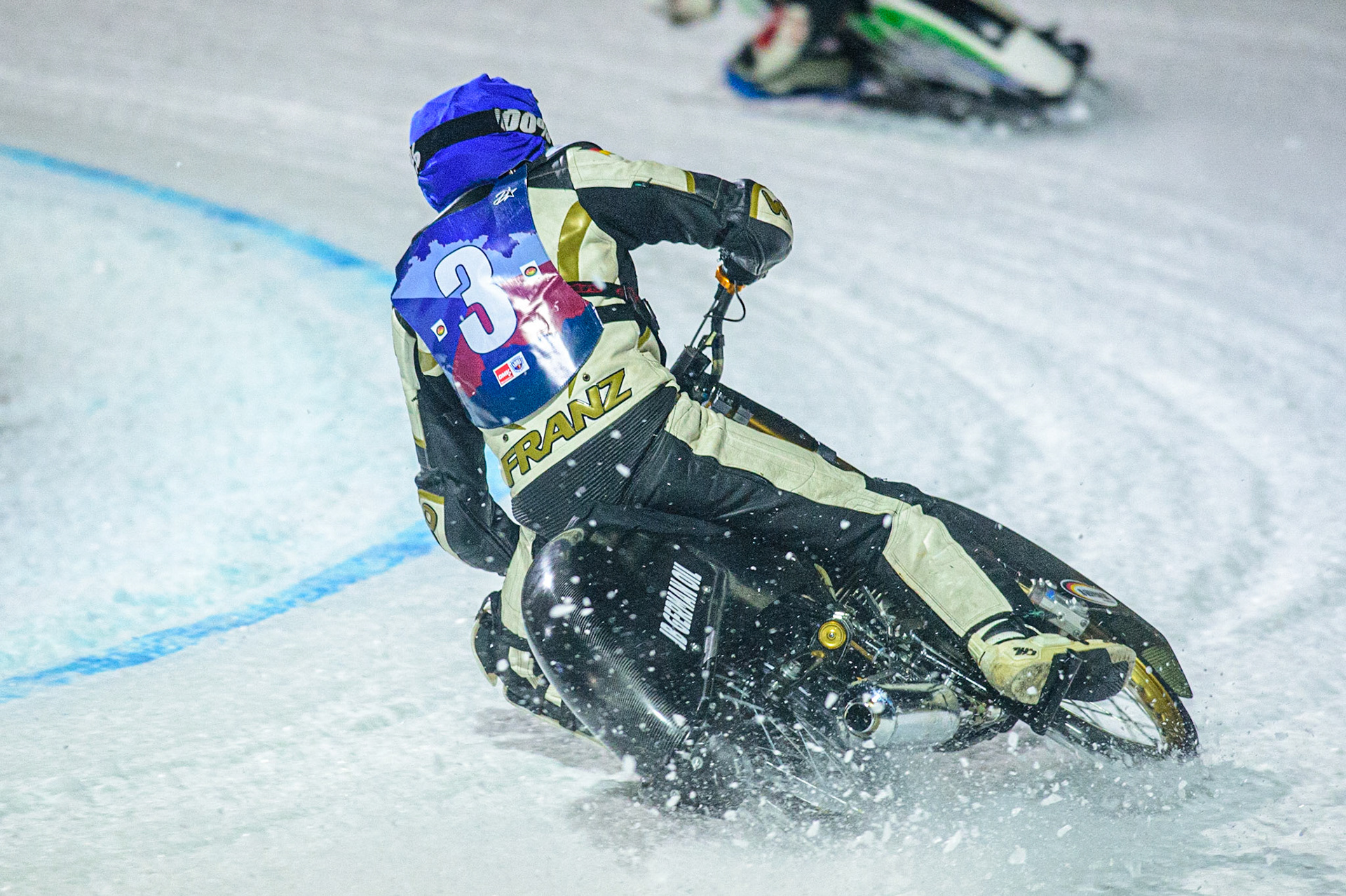 Franz Mayerbüchler in action during the German Individual Ice Speedway Championship at Horst-Dohm-Eisstadion, Berlin on Friday 3rd March 2023. (Photo: Ian Charles | MI News)