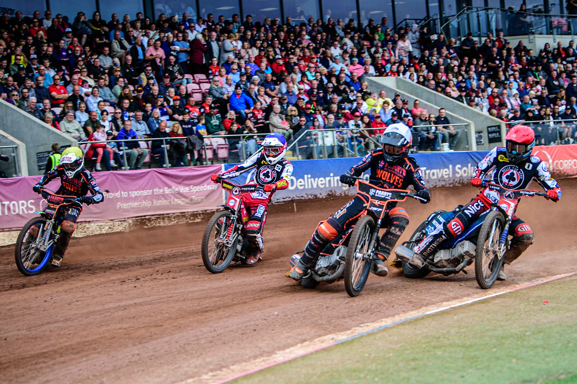 Sam Masters  (White) leads Matej Zagar  (Red), Max Fricke  (Blue) and Nick Morris  (Yellow) during the SGB Premiership match between Belle Vue Aces and Wolverhampton Wolves at the National Speedway Stadium, Manchester on Monday 29th August 2022. (Credit: Ian Charles | MI News)