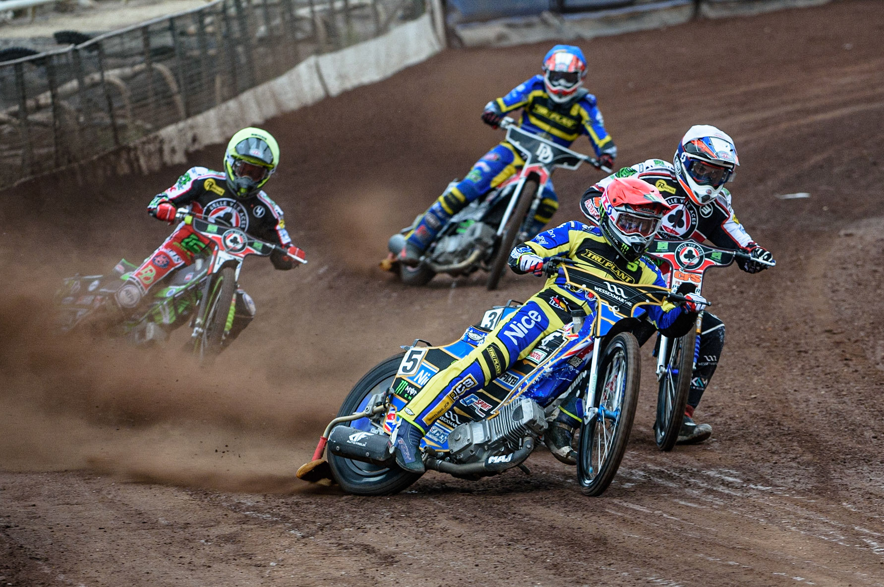 SHEFFIELD, UK. JULY 1ST     st5\ (Red) leads Steve Worrall  (White) Charles Wright  (Yellow) and James Wright (Blue) during the SGB Premiership match between Sheffield Tigers and Belle Vue Aces at Owlerton Stadium, Sheffield on Thursday 1st July 2021. (Credit: Ian Charles | MI News)