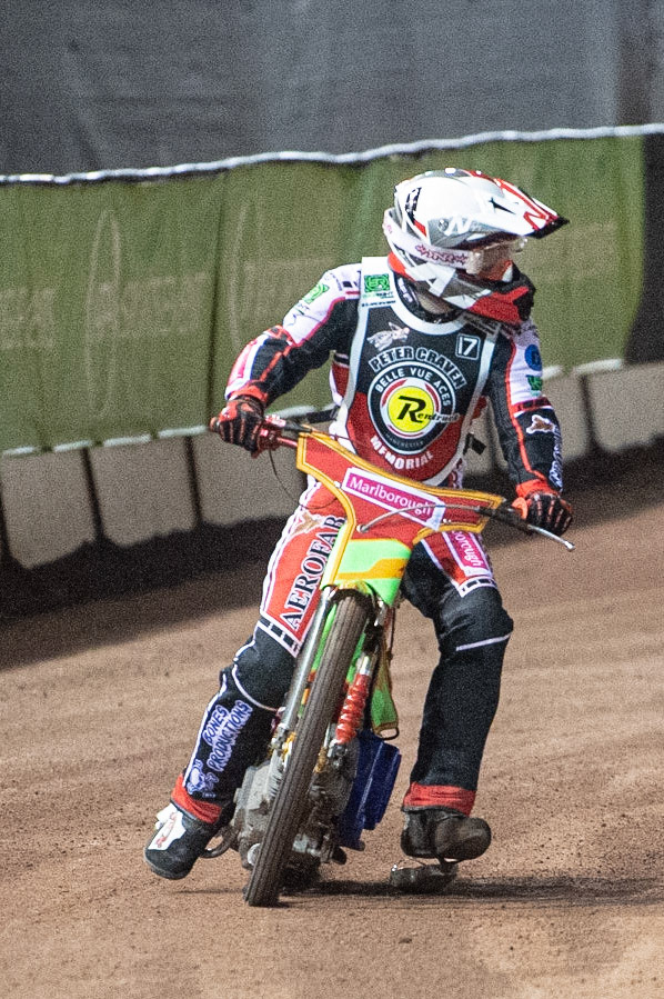 Photo: Ian CharlesBen Woodhull pulls up after losing his steel shoe and is unable to slide the bikePeter Craven Memorial Trophy, National Speedway Stadium, Manchester Thursday  22  October  2020