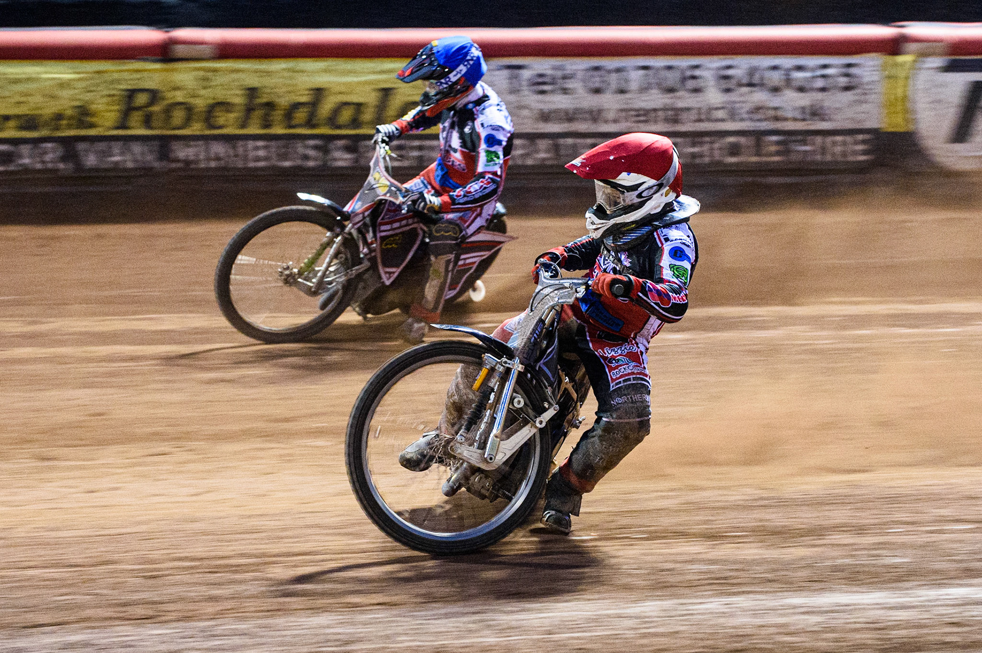 MANCHESTER, UK. AUGUST 20TH Sam McGurk  (Red) inside Jack Parkinson-Blackburn  (Blue) during the National Development League match between Belle Vue Aces and Armadale Devils at the National Speedway Stadium, Manchester on Friday 20th August 2021. (Credit: Ian Charles | MI News)