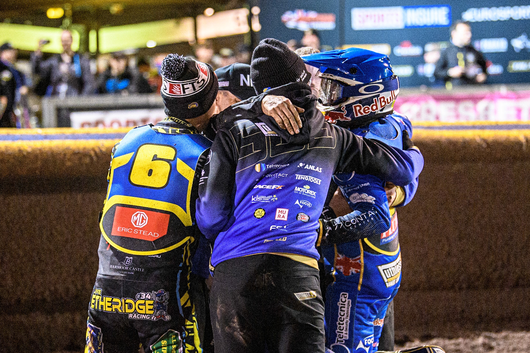 Sheffield riders and their mechanics celebrate during the Sports Insure Premiership Grand Final Second Leg match between Sheffield Tigers and Ipswich Witches at Owlerton Stadium, Sheffield on Thursday 5th October 2023. (Photo: Ian Charles | MI News)