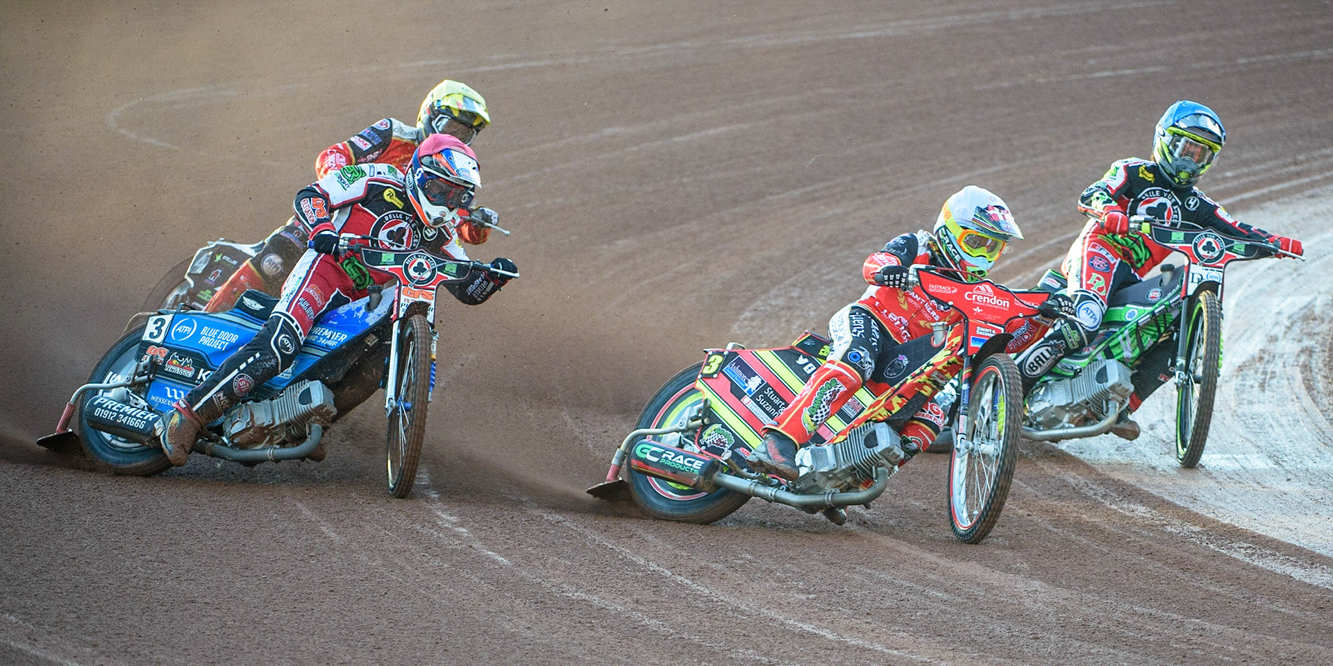 MANCHESTER, UK. AUG 9TH  Michael Palm Toft  (White) leads Steve Worrall  (Red) and Charles Wright  (Blue) with Scott Nicholls  (Yellow) behind during the SGB Premiership match between Belle Vue Aces and Peterborough at the National Speedway Stadium, Manchester on Monday 9th August 2021. (Credit: Ian Charles | MI News)