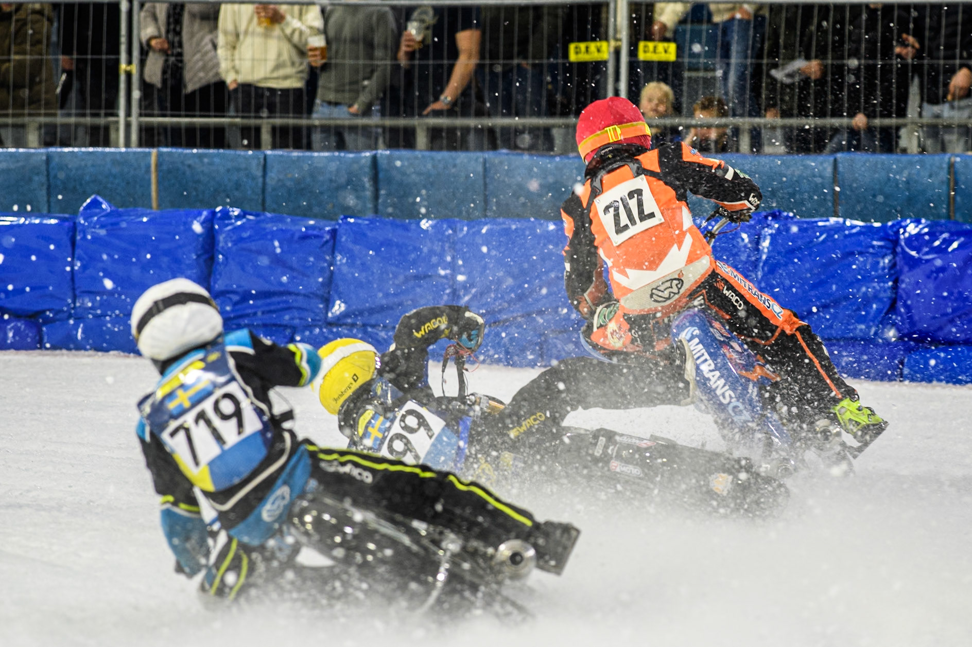 Martin Haarahiltunen (199) of Sweden loses control of his bike during the FIM Ice Speedway Gladiators World Championship, Final 3 at the Ice Stadium, Thialf, Heerenveen on Saturday 5th April 2025. (Photo: Ian Charles | MI News)