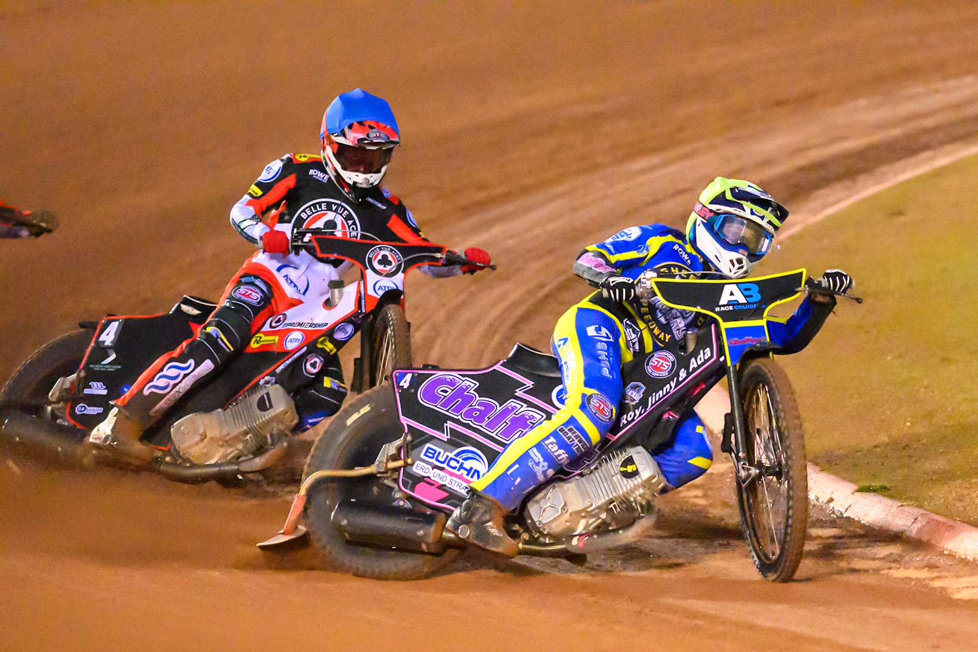 Leon Flint of Sheffield Tigers    in Yellow leading Zach Cook of Belle Vue Aces   in Blue during the Knockout Cup, Northern Section match between Belle Vue Aces and Sheffield Tigers at the National Speedway Stadium, Manchester on Monday 30th March 2026. (Photo: Ian Charles | MI News)
