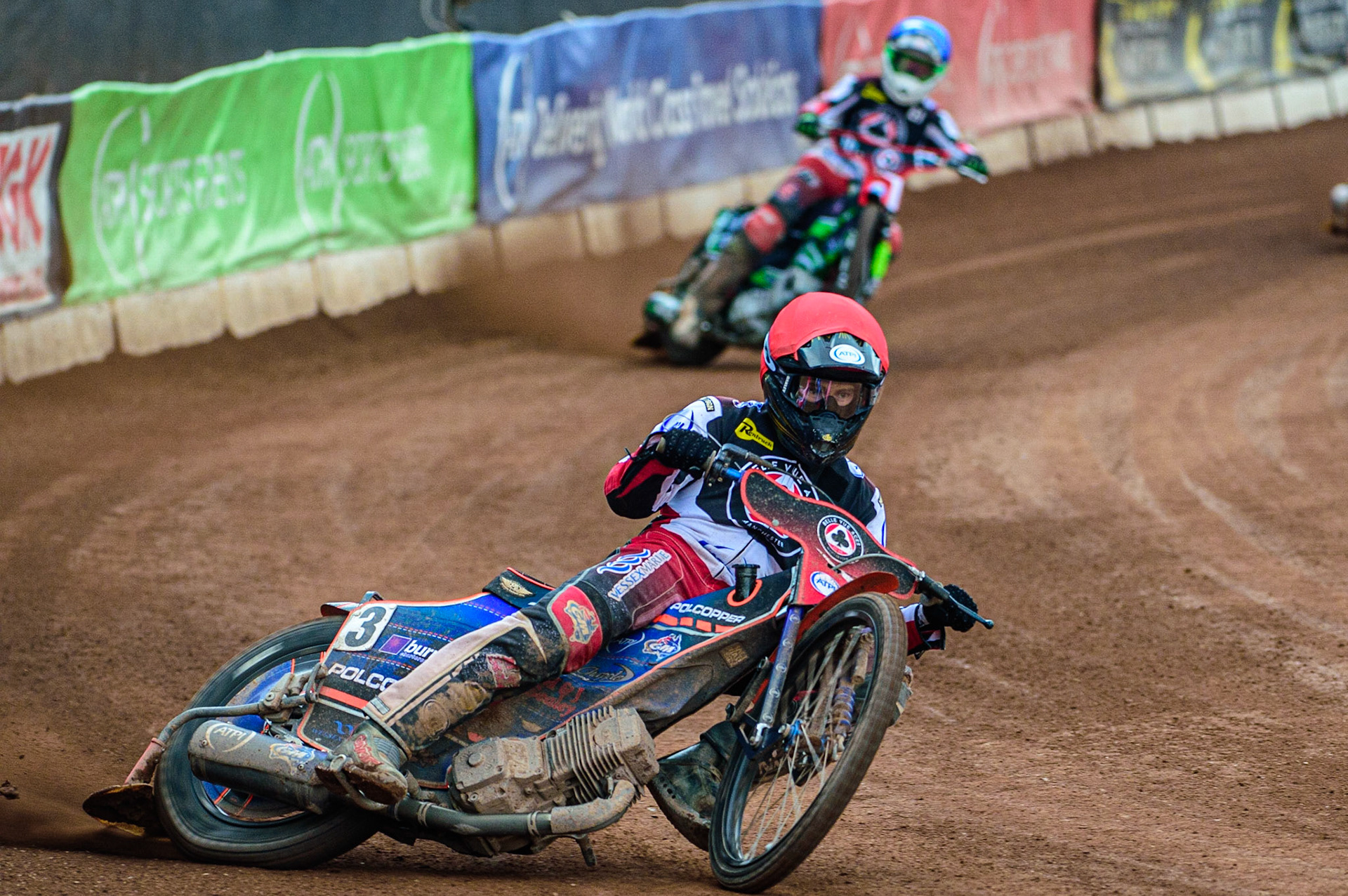 Brady Kurtz  (Red) leads team mate Charles Wright  (Blue) during the SGB Premiership match between Belle Vue Aces and Wolverhampton Wolves at the National Speedway Stadium, Manchester on Monday 29th August 2022. (Credit: Ian Charles | MI News)