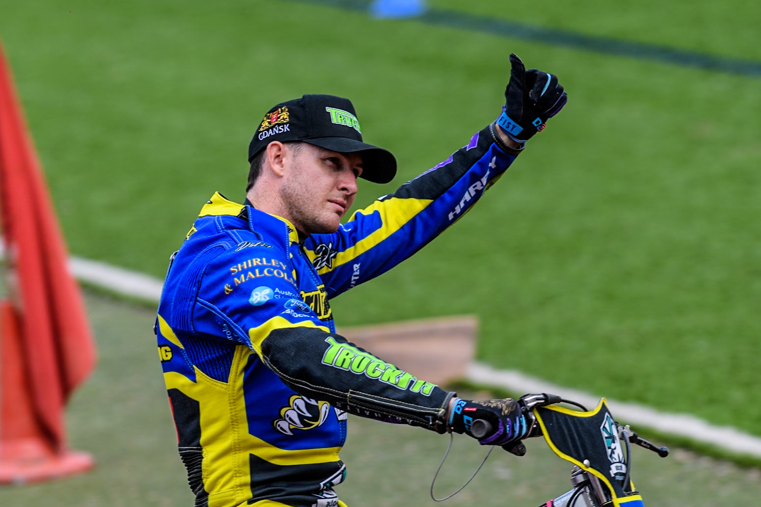 Sheffield Tigers' Josh Pickering on the parade lap during the Rowe Motor Oil Premiership match between Belle Vue Aces and Sheffield Tigers at the National Speedway Stadium, Manchester on Monday 26th August 2024. (Photo: Ian Charles | MI News)