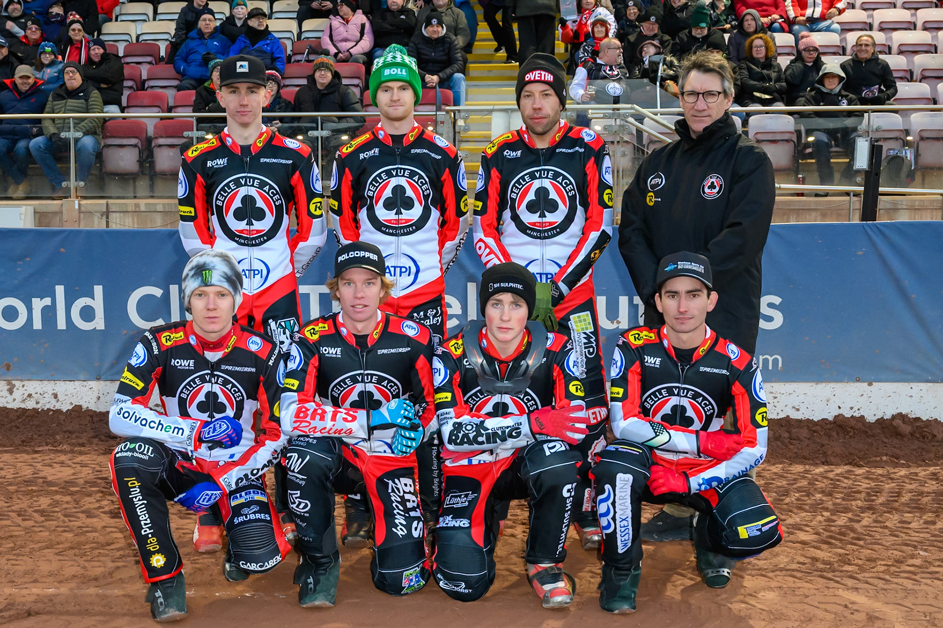 Belle Vue Aces: Rear (L to R) William Cairns, Brady Kurtz, Peter Kildemand, Mark Lemon, Team Manager. Kneeling: Dan Bewley, Tate Zischke, Norick Blodorn, Zach Cook during the Knockout Cup, Northern Section match between Belle Vue Aces and Sheffield Tigers at the National Speedway Stadium, Manchester on Monday 30th March 2026. (Photo: Ian Charles | MI News)