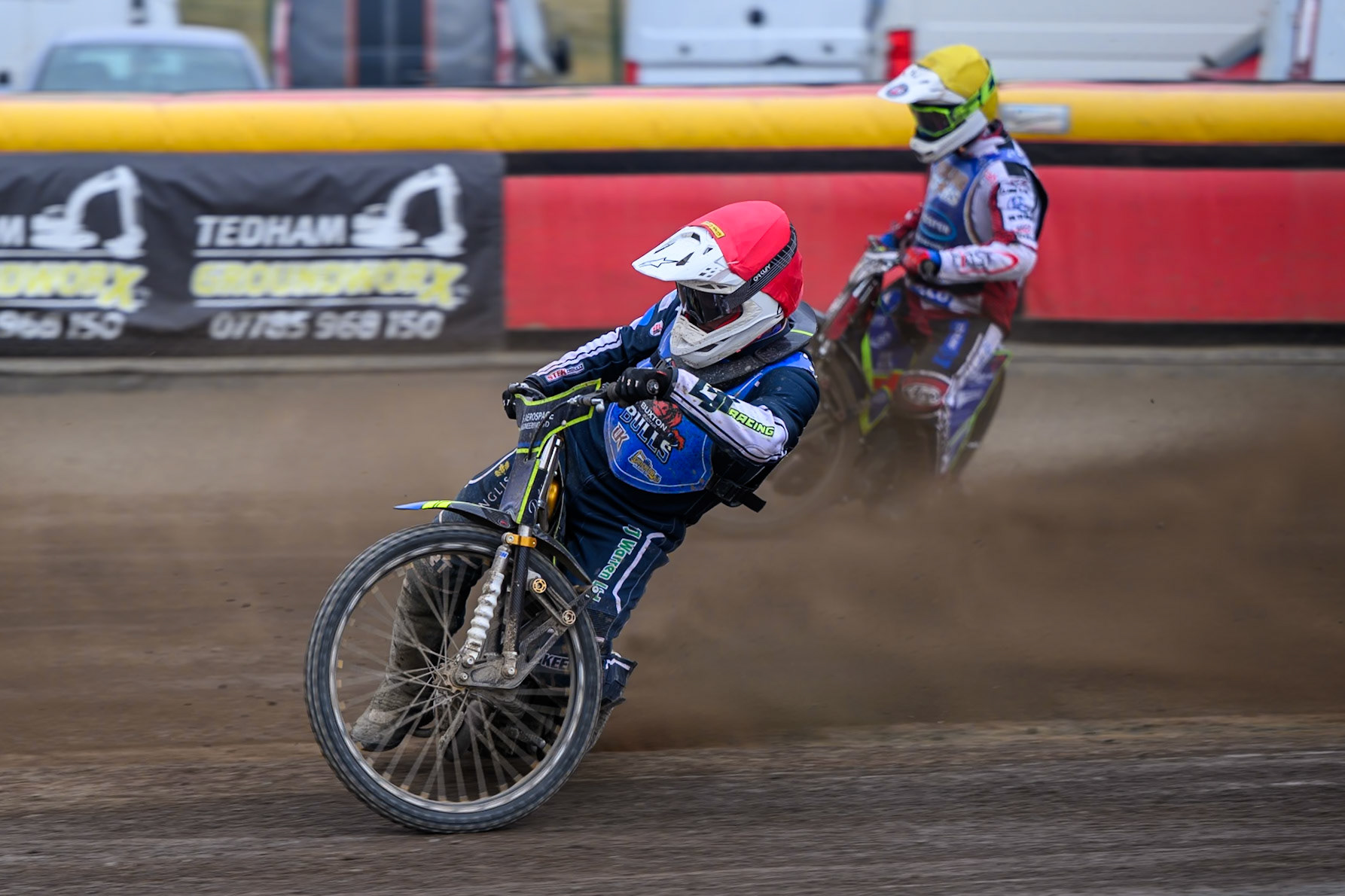 Nathan Ablitt, Guest Rider for Buxton Bulls in Red leading Jake Mulford of Kings Lynn Young Stars in Yellow during the WSRA National Development League match between Buxton Bulls and King's Lynn Young Stars at Hi-Edge Speedway, Buxton on Sunday 9th August 2026. (Photo: Ian Charles | MI News)