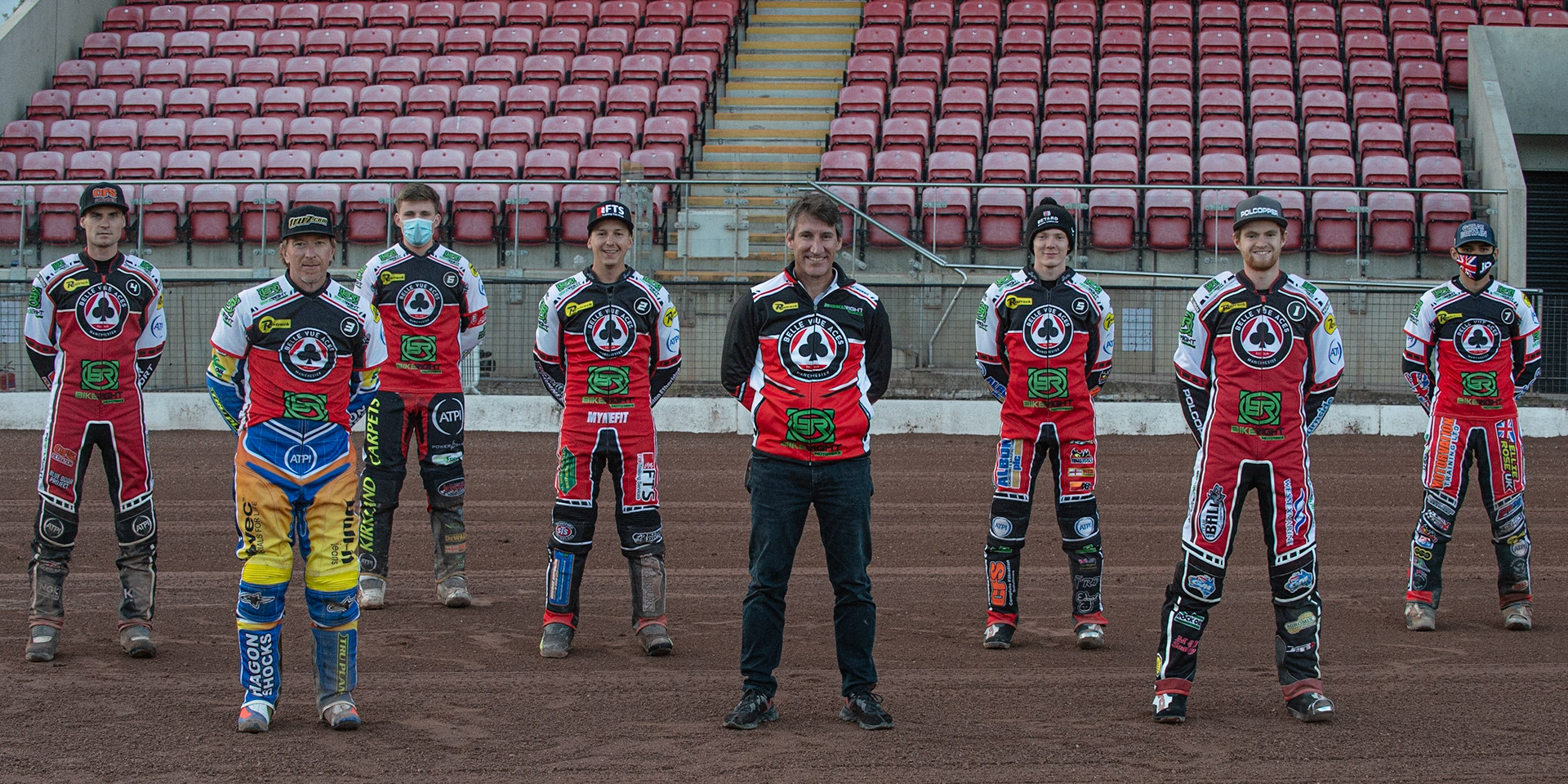 Photo: Ian CharlesThe Belle Vue Bikerite Aces:(l-r) Steve Worrall, Jason Crump, Kyle Bickley, Jye Etheridge, Mark Lemon (Manager), Dan Bewley, Brady Kurtz, Jordan Palin Belle Vue ‘Bikerite ’Aces v ‘ATPI’ All Stars, Premiership Challenge, National Speedway Stadium, Manchester Thursday  24  September  2020