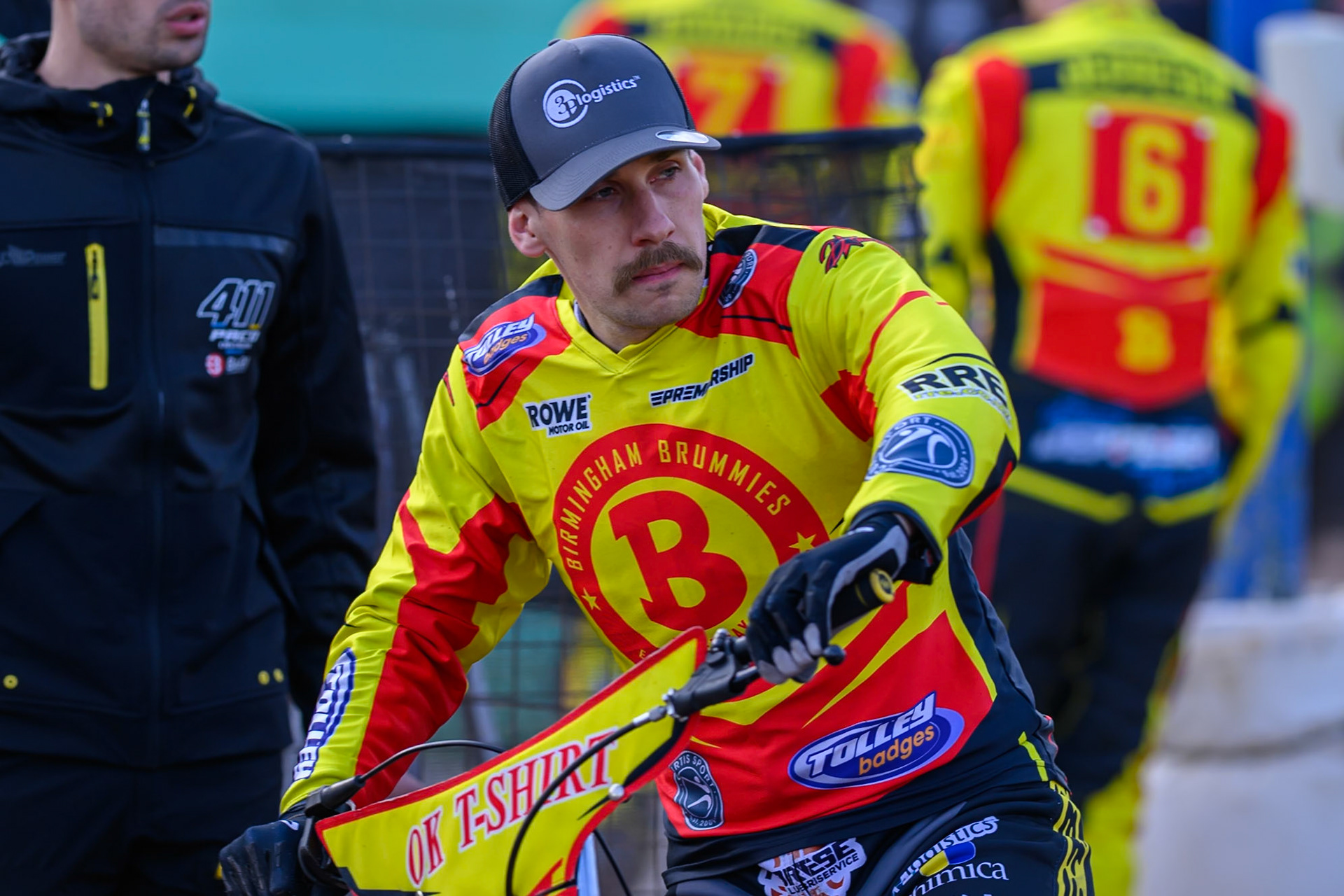 Birmingham Brummies' Paco Castagna on the parade lap  during the Rowe Motor Oil Premiership match between Birmingham Brummies and Belle Vue Aces at Perry Bar Stadium, Birmingham on Monday 2nd June 2025. (Photo: Ian Charles | MI News)