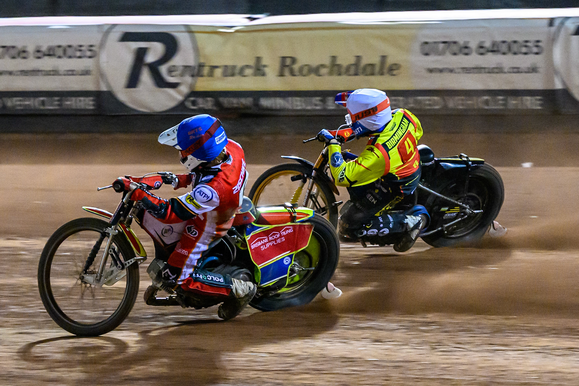 Tate Zischke of Belle Vue Aces  in Blue passes Paco Castagna of Birmingham Brummies  in White during the Rowe Motor Oil Premiership match between Belle Vue Aces and Birmingham Brummies at the National Speedway Stadium, Manchester on Monday 18th August 2025. (Photo: Ian Charles | MI News)