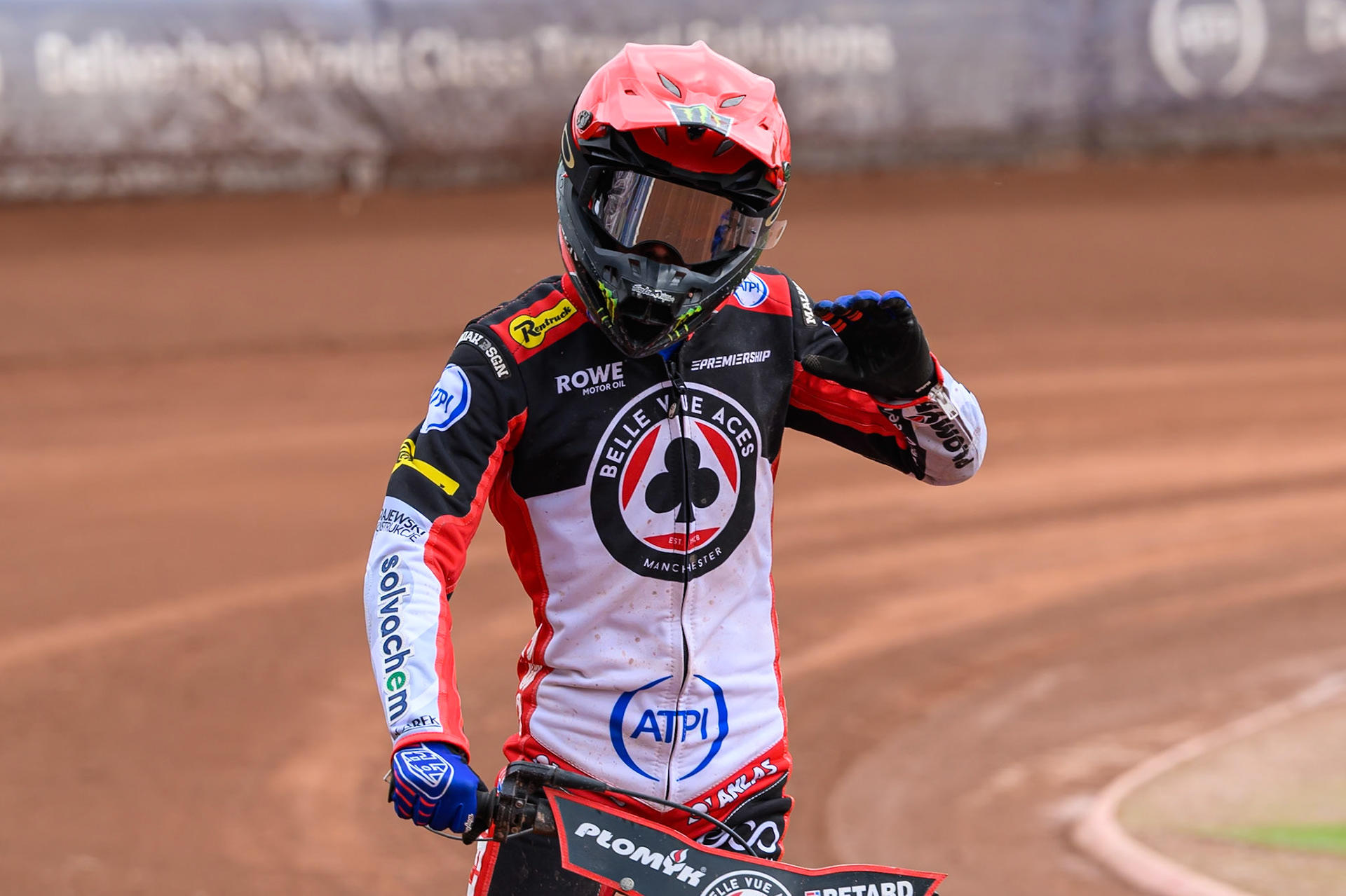 Dan Bewley of Belle Vue Aces acknowledges the fans after his heat 11 win during the Rowe Motor Oil Premiership match between Belle Vue Aces and Northampton Foxes at the National Speedway Stadium, Manchester on Monday 4th May 2026. (Photo: Ian Charles | MI News)