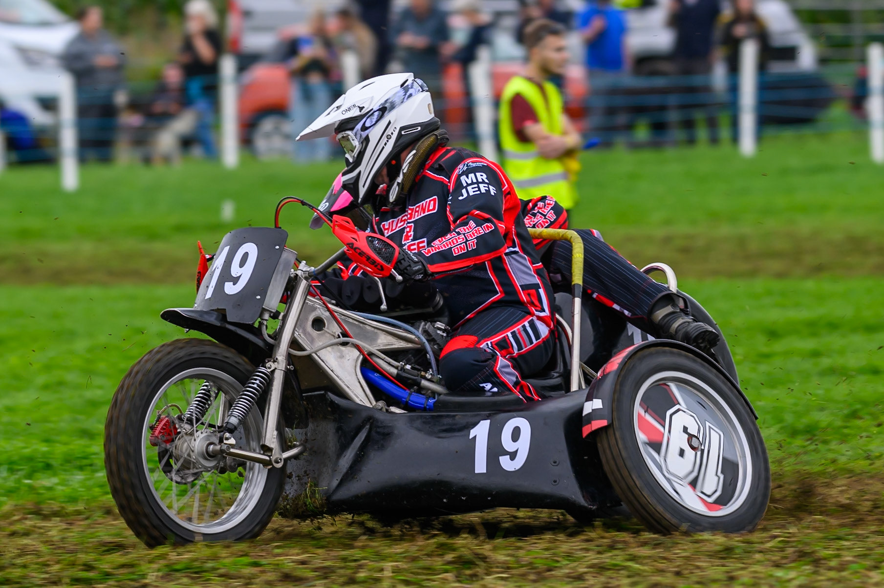 Andrew Minnard/Michelle Minnard (19) during practice for  the British Masters Grasstrack Championship at Lower Marsh Farm, Much Hoole, Preston in Lancashire, England on Sunday 13th September 2026. (Photo: Ian Charles | MI News)