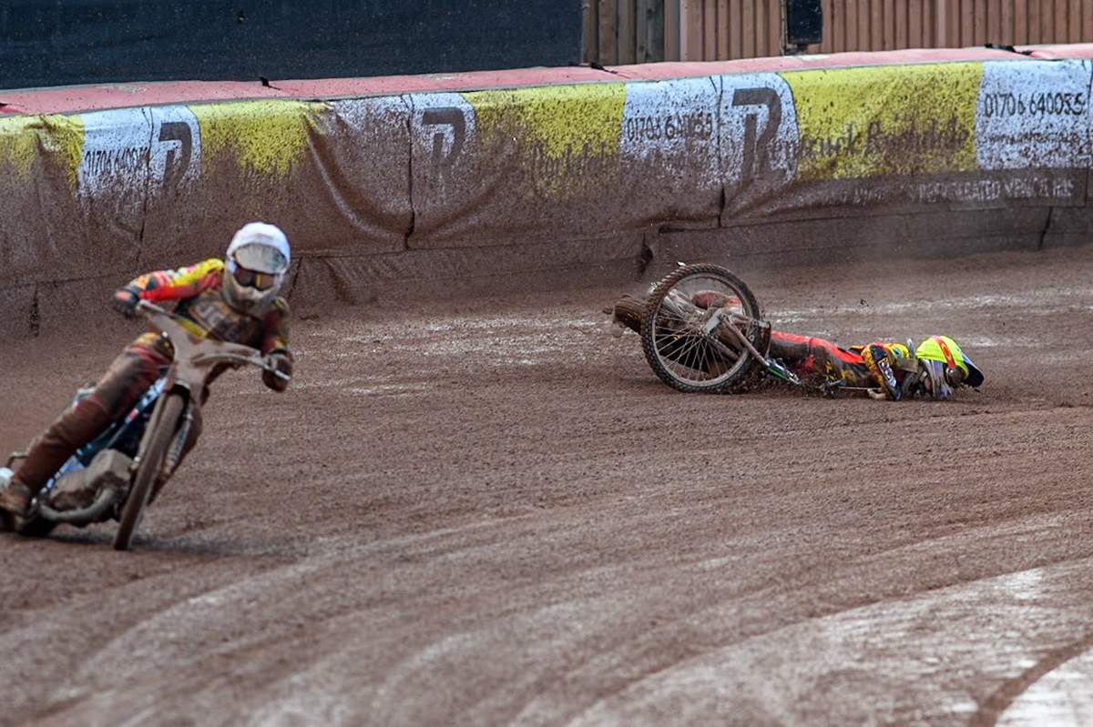Leicester Lion Cubs' Vinnie Foord is a faller during the WSRA  National Development League match between Belle Vue Colts and Leicester Lion Cubs at the National Speedway Stadium, Manchester on Friday 29th March 2024. (Photo: Ian Charles | MI News)