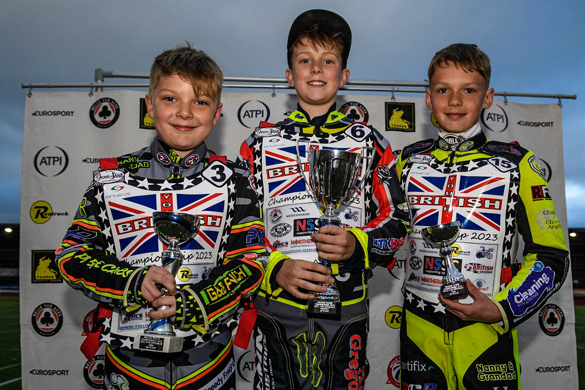 125cc Top 3: (l - r) Archie Rolph (2nd), Seth Norman  (1st) Oliver Bovington (3rd) during the British Youth Championships at the National Speedway Stadium, Manchester on Friday 12th May 2023. (Photo: Ian Charles | MI News)