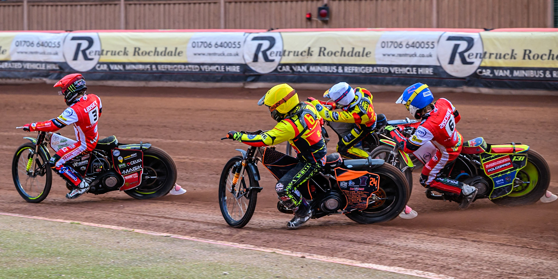 Belle Vue Aces' Tate Zischke  in Blue chases Birmingham Brummies' Guest Rider Jack Smith in Yellow, Birmingham Brummies' Jonas Jeppesen  in White and Belle Vue Aces' Jaimon Lidsey  in Red during the Rowe Motor Oil Premiership match between Belle Vue Aces and Birmingham Brummies at the National Speedway Stadium, Manchester on Monday 7th July 2025. (Photo: Ian Charles | MI News)