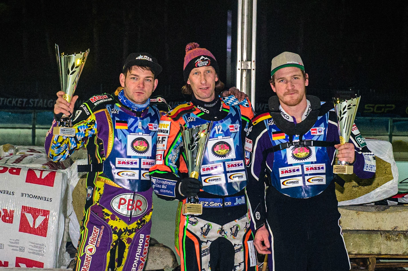Top3: Max Neidermaier (2nd), Markus Jell (winner), Benedikt Monn (3rd) during the German Individual Ice Speedway Championship at Horst-Dohm-Eisstadion, Berlin on Friday 3rd March 2023. (Photo: Ian Charles | MI News)