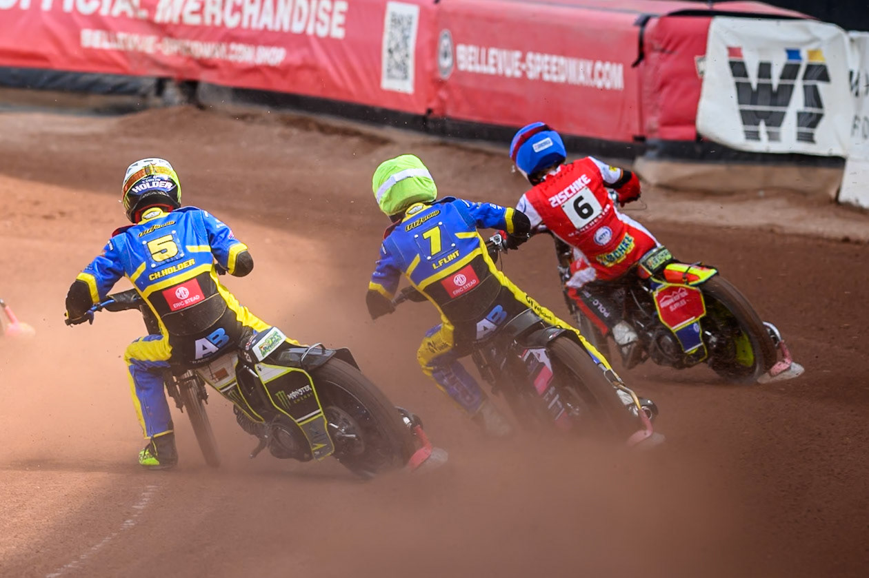 Chris Holder of Sheffield Tigers  in White chases Leon Flint of Sheffield Tigers  in Yellow and Tate Zischke of Belle Vue Aces  in Blue during the Rowe Motor Oil Premiership match between Belle Vue Aces and Sheffield Tigers at the National Speedway Stadium, Manchester on Monday 25th August 2025. (Photo: Ian Charles | MI News)