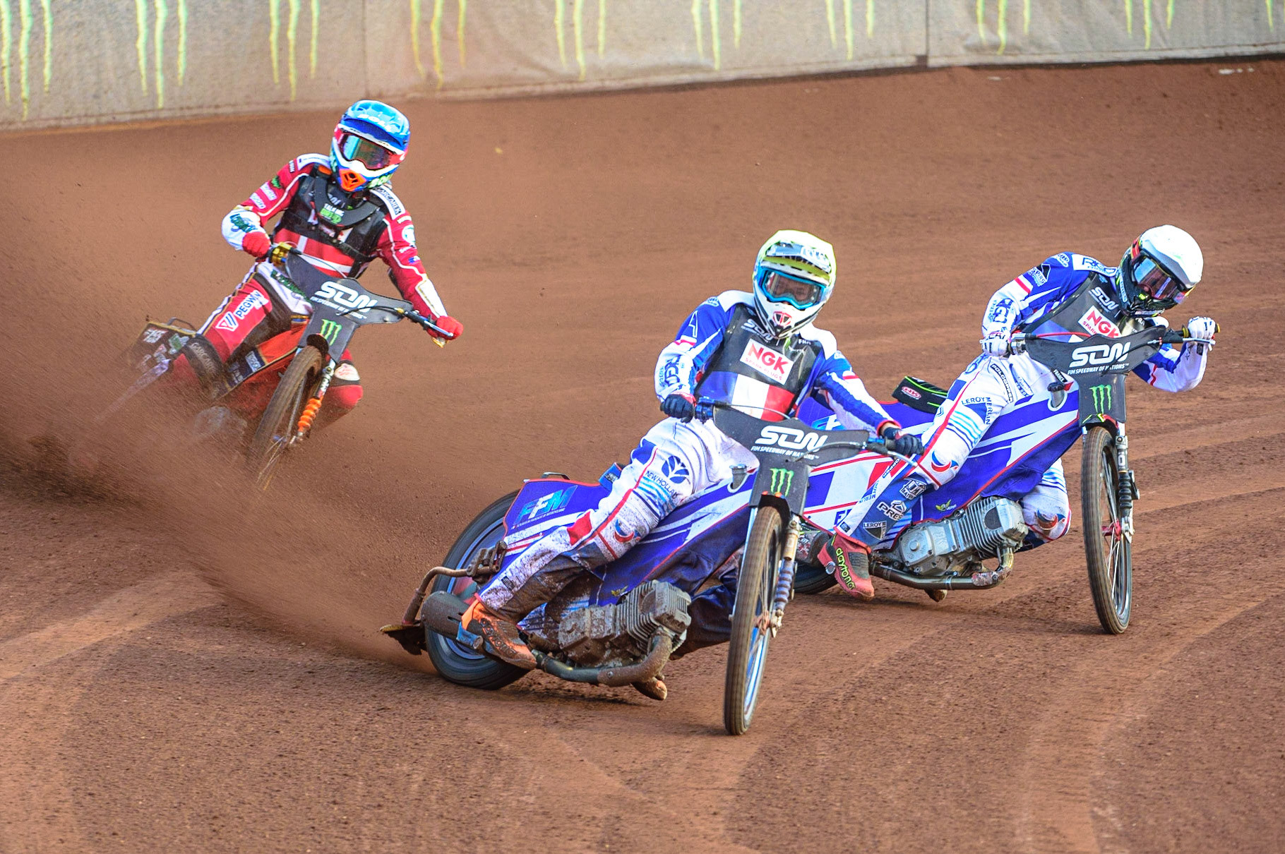 MANCHESTER, UK. OCT 16TH Dmitri Berge of France (Yellow) and David Bellego of France (White) lead Mikkel Michelsen of Denmark (Blue) during the Monster Energy FIM Speedway of Nations at the National Speedway Stadium, Manchester on Saturday  16th October 2021. (Credit: Ian Charles | MI News)