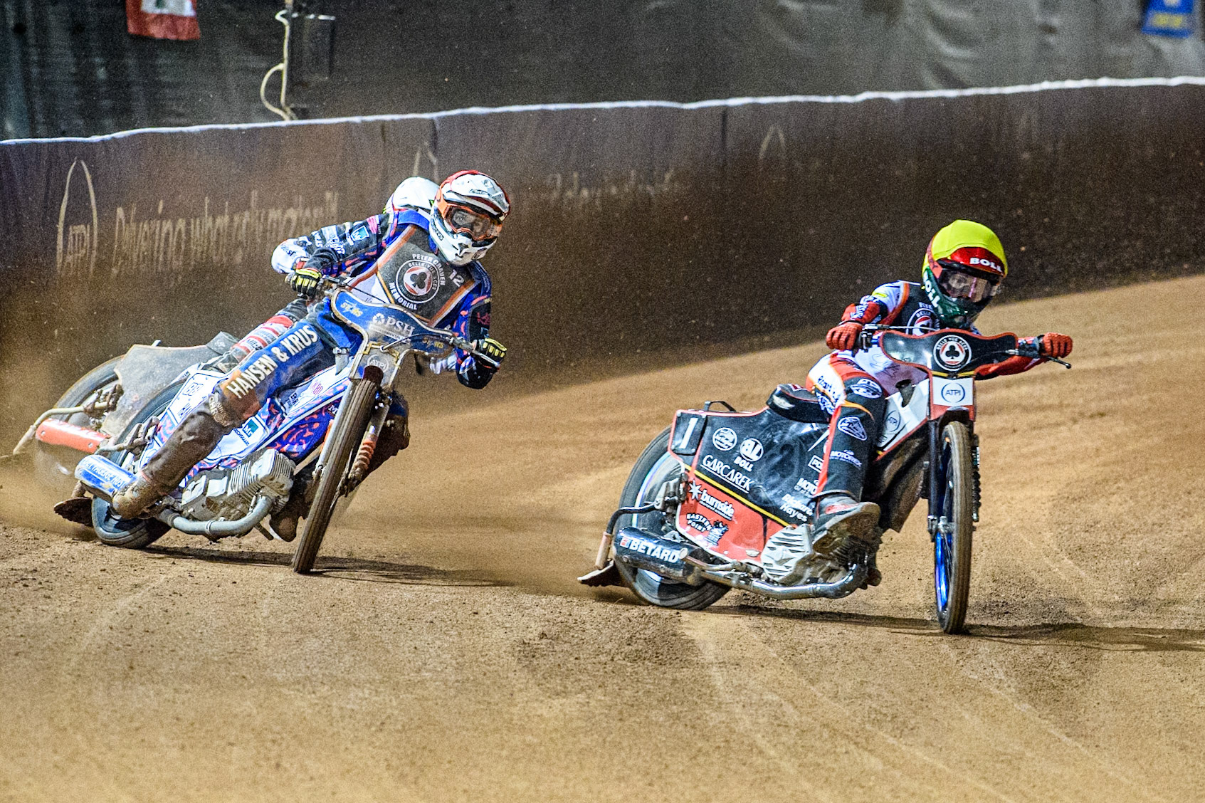 Brady Kurtz in Yellow rides inside Niels-Kristian Iversen in Red with Freddie Lindgren in White behind during the Peter Craven Memorial Trophy at the National Speedway Stadium, Manchester on Monday 17th March 2025. (Photo: Ian Charles | MI News)