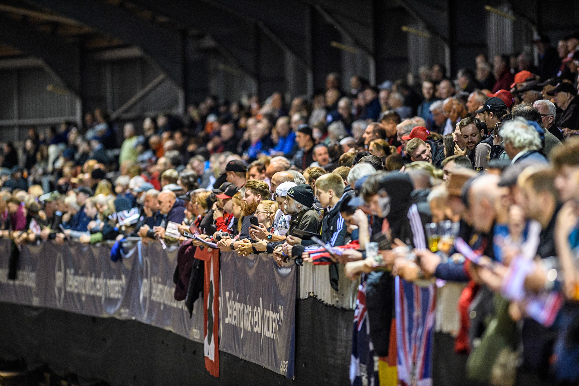 A full house on the back straight during the Sports Insure Premiership Semi Final Playoff 2nd leg match between Belle Vue Aces and Ipswich Witches at the National Speedway Stadium, Manchester on Monday 25th September 2023. (Photo: Ian Charles | MI News)