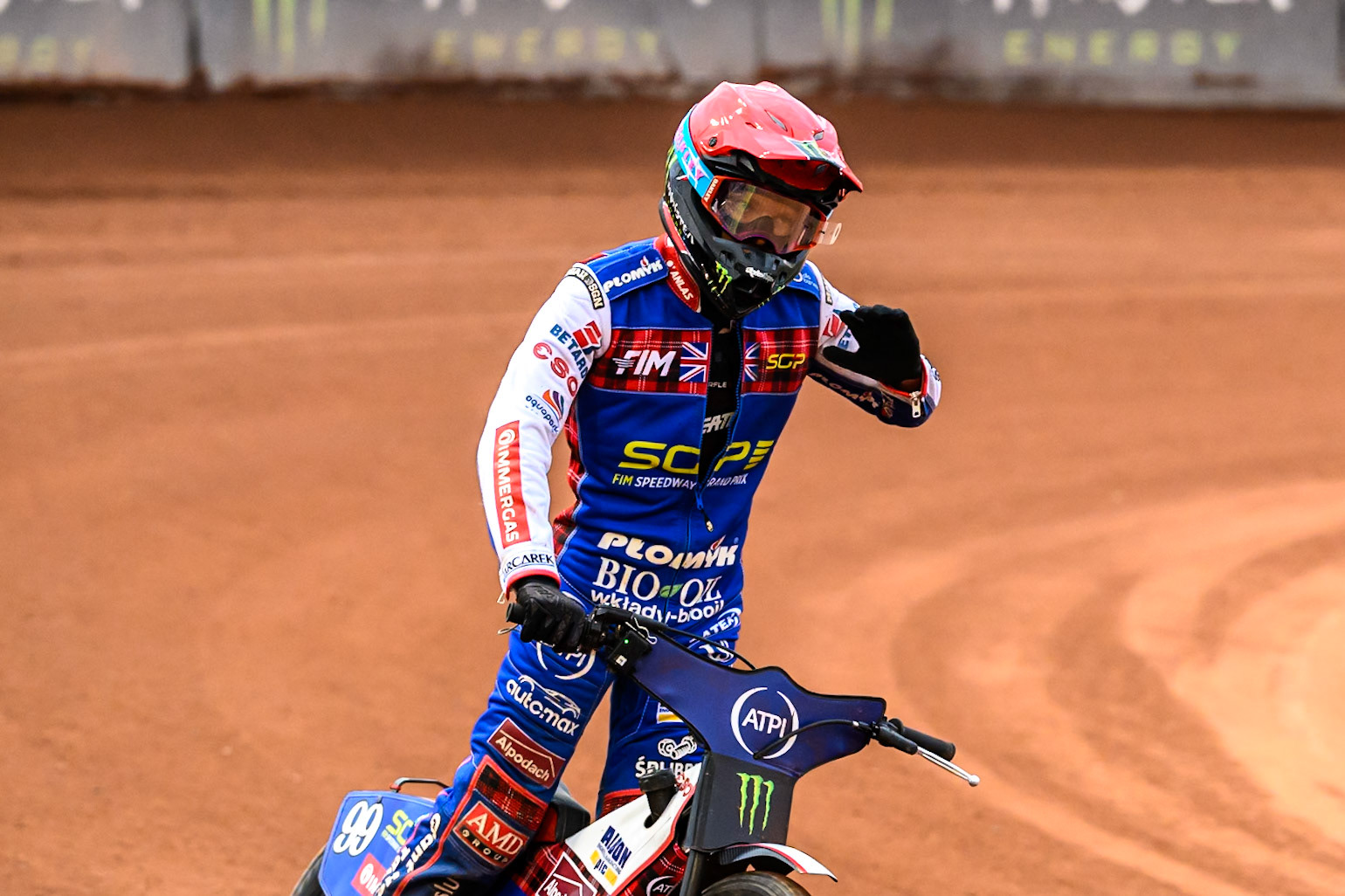 Dan Bewley (99) of Great Britain celebrates as he wins the 2nd Last Chance Qualifier during the ATPI FIM Speedway Grand Prix Round 4 at the National Speedway Stadium, Manchester, on Friday 13th June 2025. (Photo: Ian Charles | MI News)
