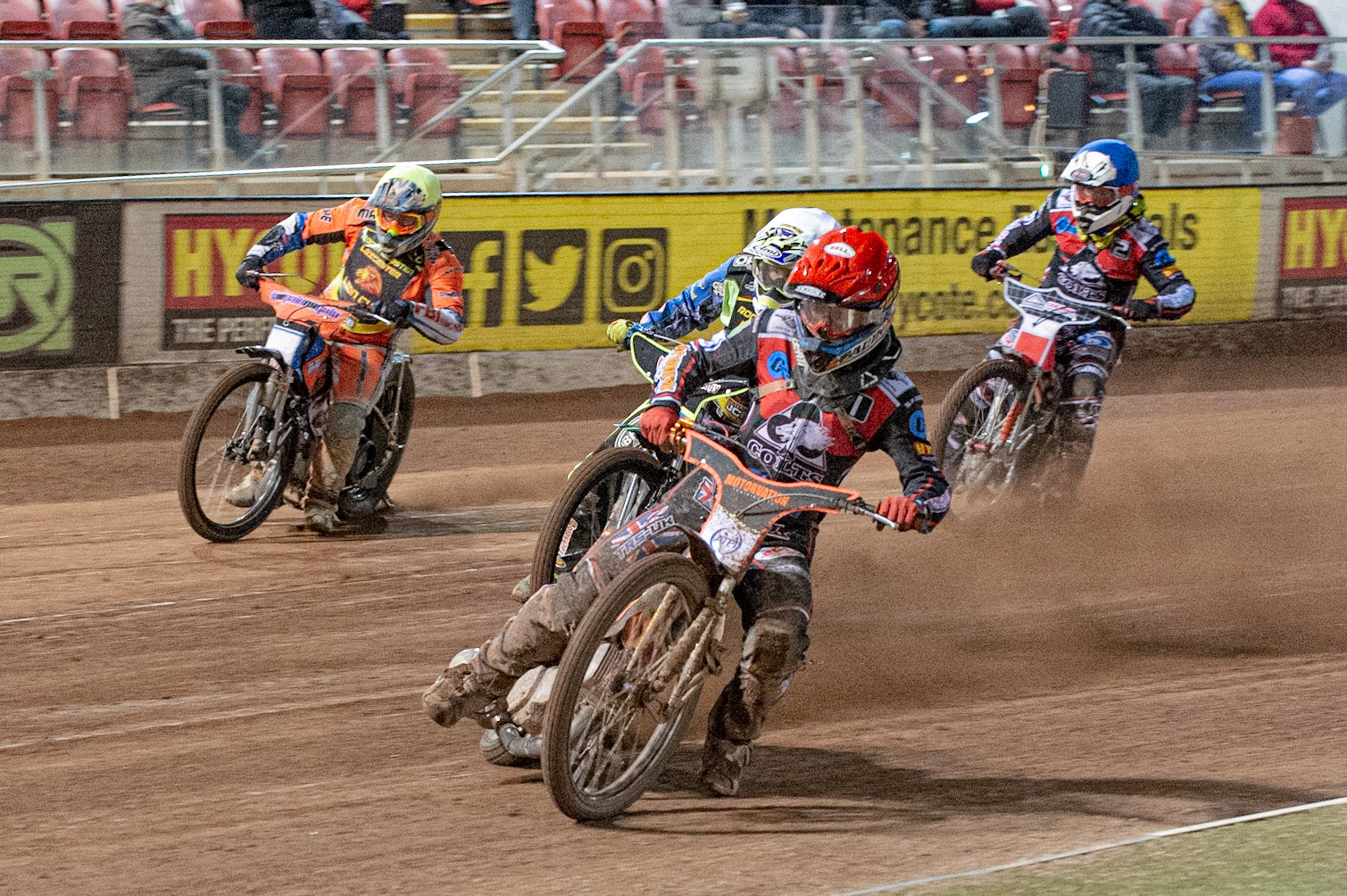 Photo: Ian Charles

Belle Vue Colts  Jordan Palin  (Red) leads Danyon Hume  (White) Josh Embleton  (Yellow) and Danny Phillips  (Blue)

Belle Vue Colts v Leicester Lion Cubs, SGB National League KO Cup Final (2nd Leg), Belle Vue National Speedway Stadium, Manchester, Tuesday 29  October  2019