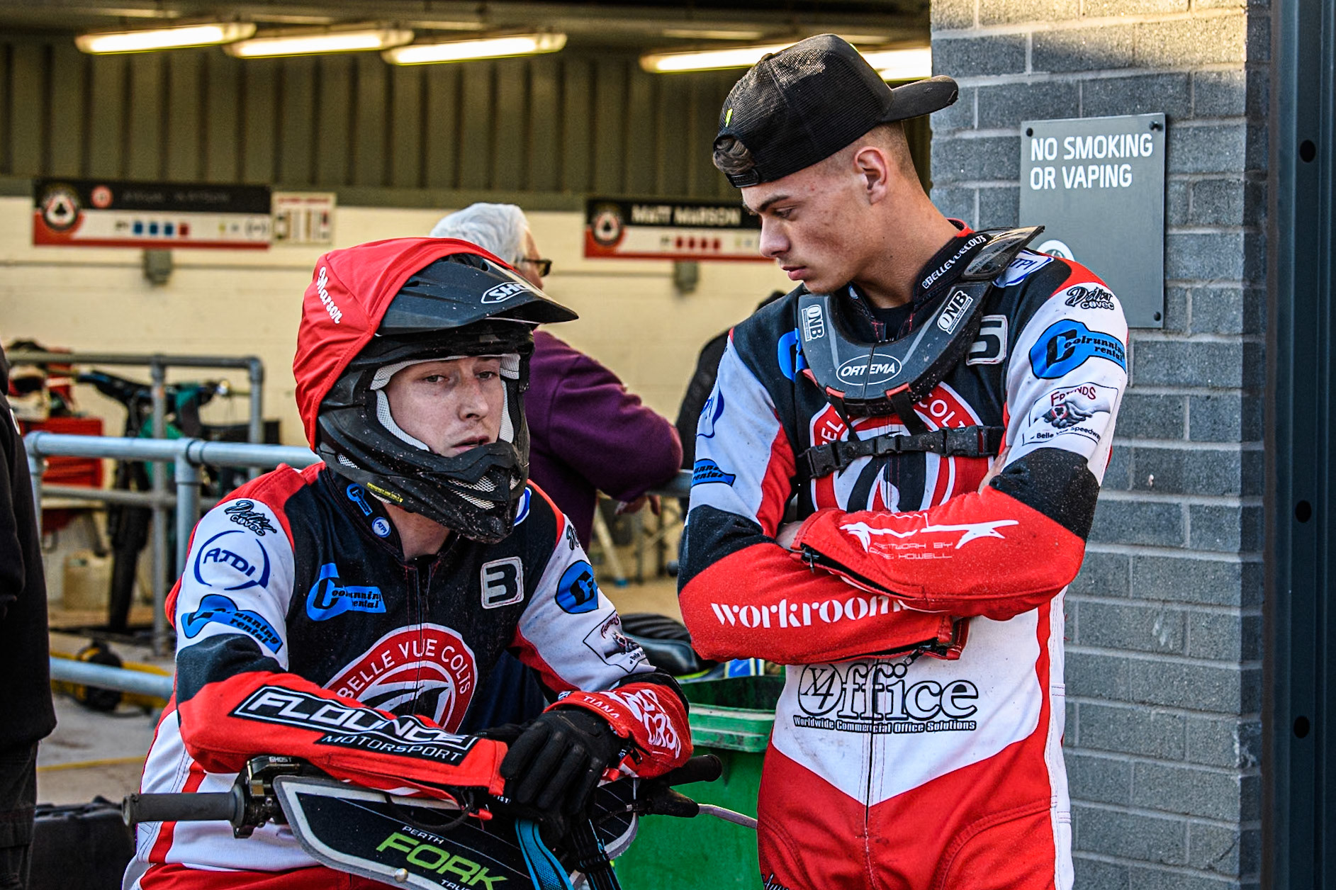 Belle Vue Colts' Freddy Hodder (Right) chats with Belle Vue Colts' Matt Marson before his next heat during the WSRA National Development League match between Belle Vue Colts and Middlesbrough Tigers at the National Speedway Stadium, Manchester on Monday 17th June 2024. (Photo: Ian Charles | MI News)