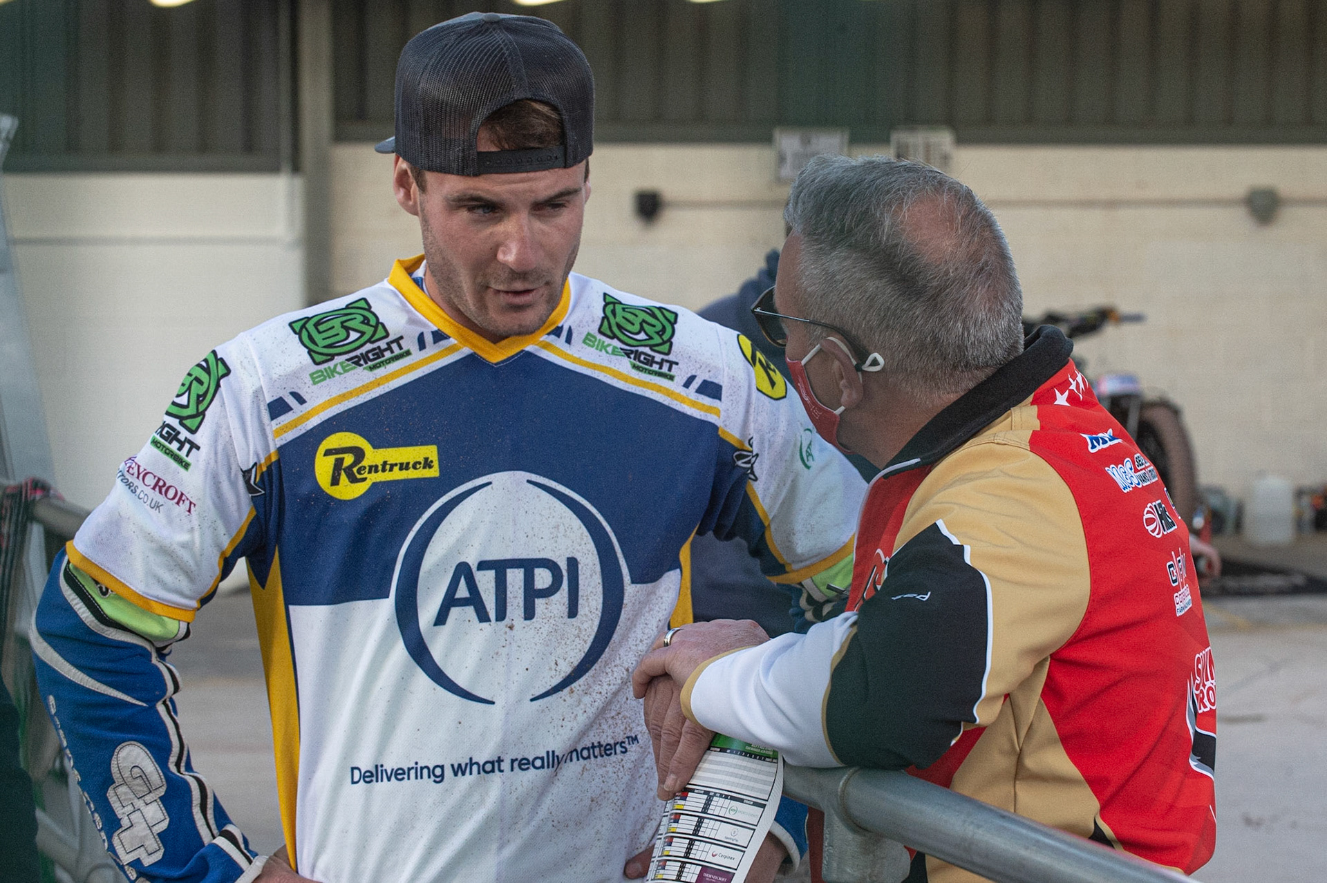 Photo: Ian CharlesRichie Worrall of the 'ATPI' All Stars  (left) with Alun Rossiter, team manager of the 'ATPI' All StarsBelle Vue ‘Bikerite ’Aces v ‘ATPI’ All Stars, Premiership Challenge, National Speedway Stadium, Manchester Thursday  24  September  2020