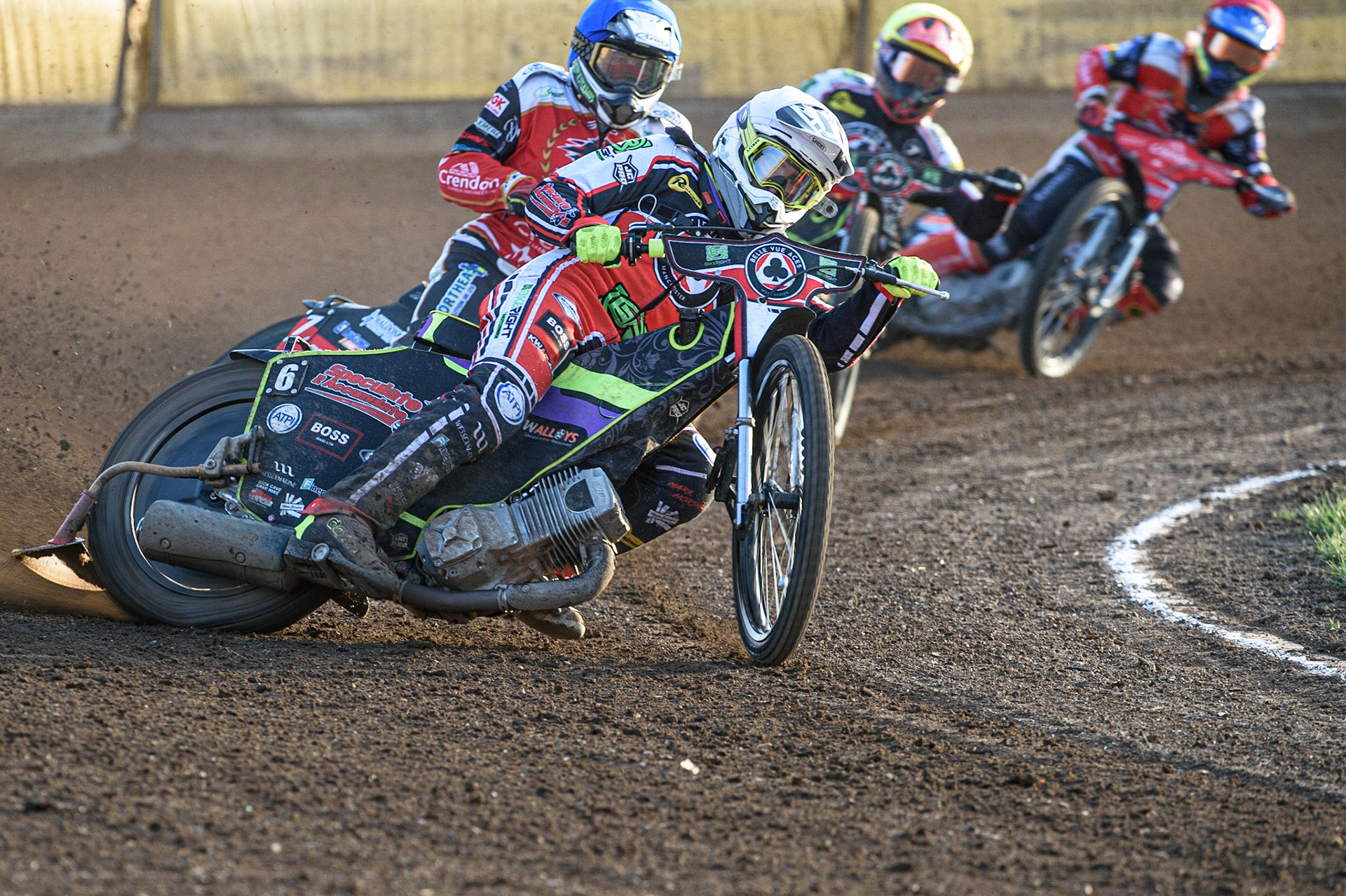PETERBOROUGH, UK. JULY 19TH  Tom Brennan  (White) leads Chris Harris  (Blue) Jye Etheridge  (Yellow) and Jordan Palin  (Red) during the SGB Premiership match between Peterborough and Belle Vue Aces at East of England Showground, Peterborough on Monday 19th July 2021. (Credit: Ian Charles | MI News)