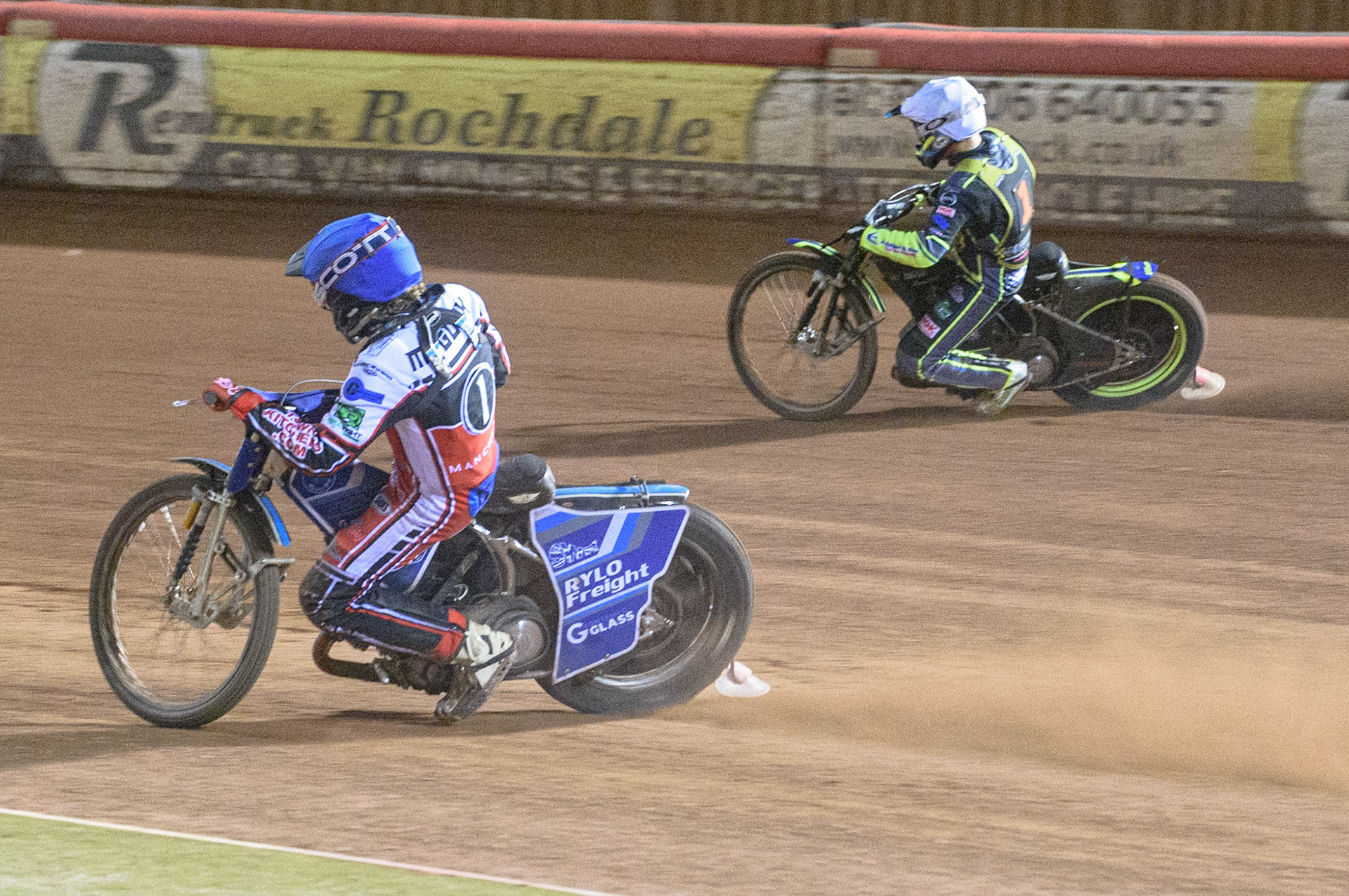 MANCHESTER, SEPT 3RD. Harry McGurk   (Blue) inside Kyle Bickley  (White) during the National Development League match between Belle Vue Aces and Mildenhall Fens Tigers at the National Speedway Stadium, Manchester on Friday 3rd September 2021. (Credit: Ian Charles | MI News)